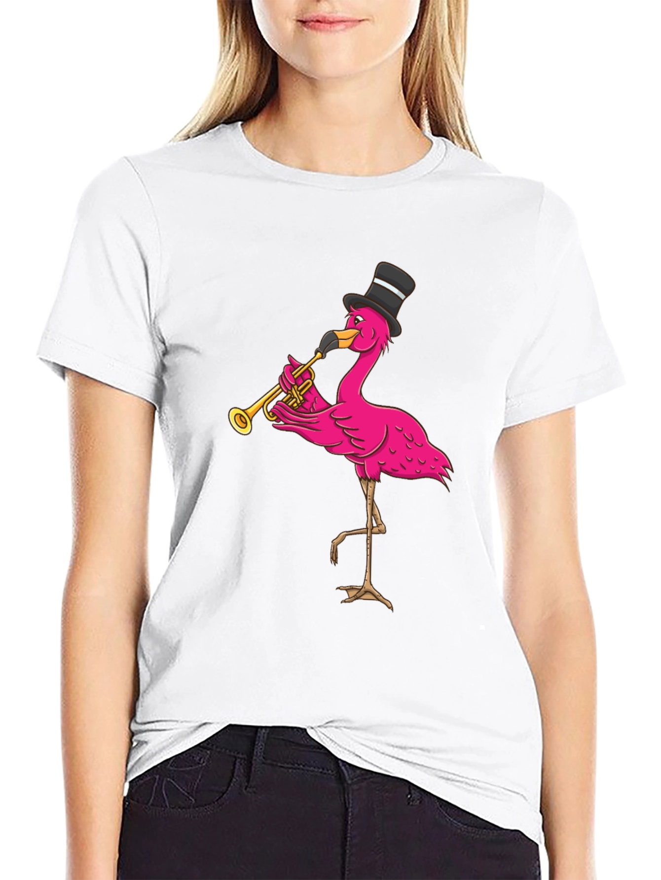 Black Flamingo Trumpet Player T-Shirt - Novelty Graphic Tee view 9
