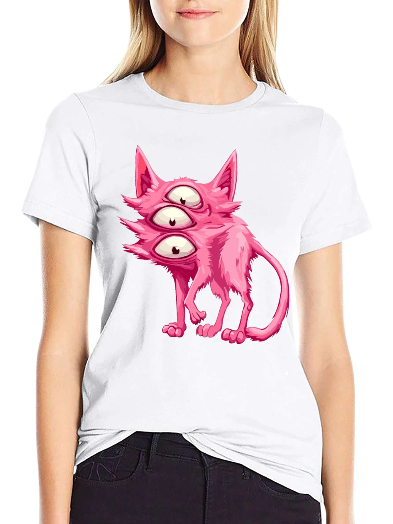 Black Three-Eyed Pink Monster Cat Graphic Tee view 9