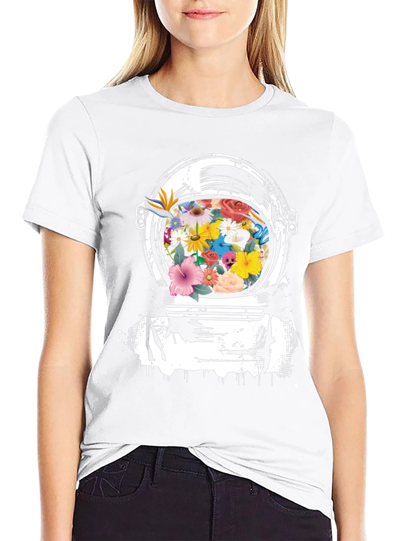 Black Floral Astronaut Helmet Graphic Tee - Black view 9