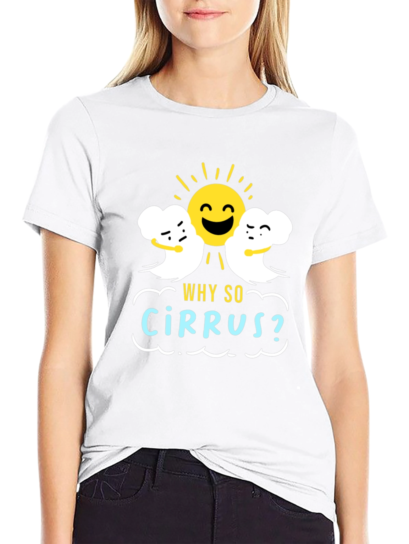 Black Humorous Weather T-Shirt: "Why So Cirrus?" Design view 9