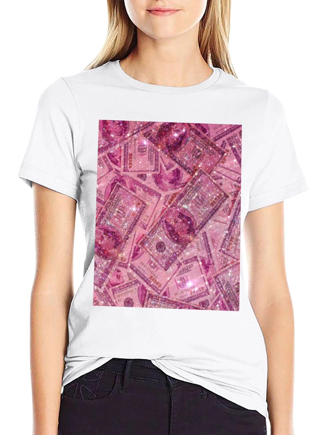 Black Pink Money Graphic Tee - Novelty Black T-Shirt view 9