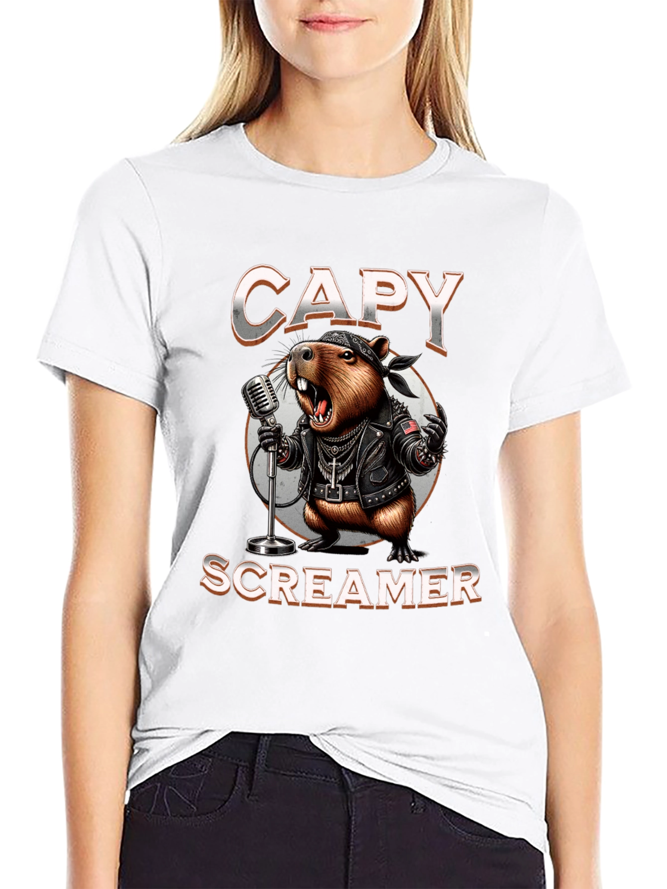 Black Capy Screamer T-Shirt - Rocker Capybara Design view 9