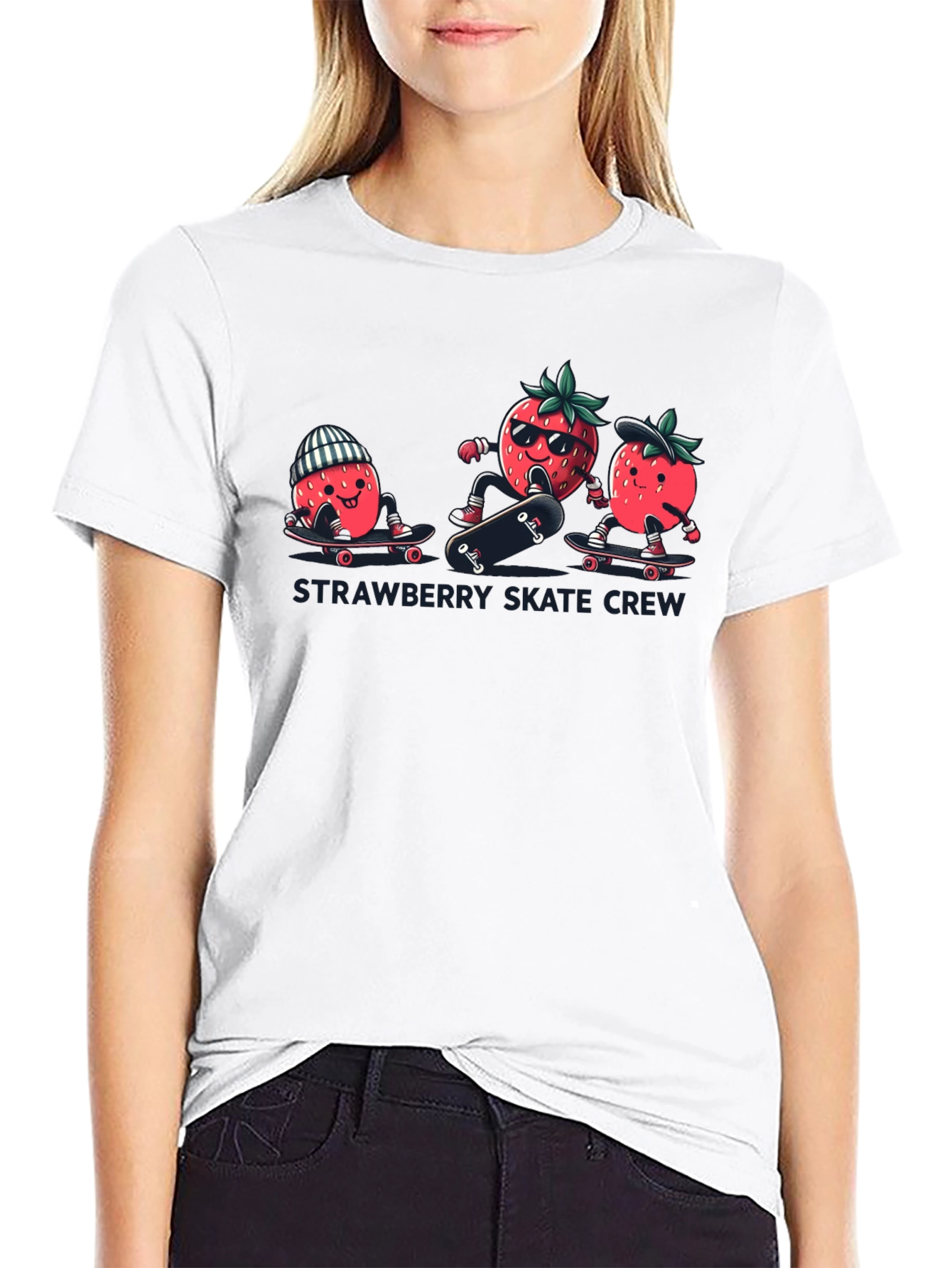 Black Strawberry Skate Crew T-Shirt - Black Cotton Tee view 9