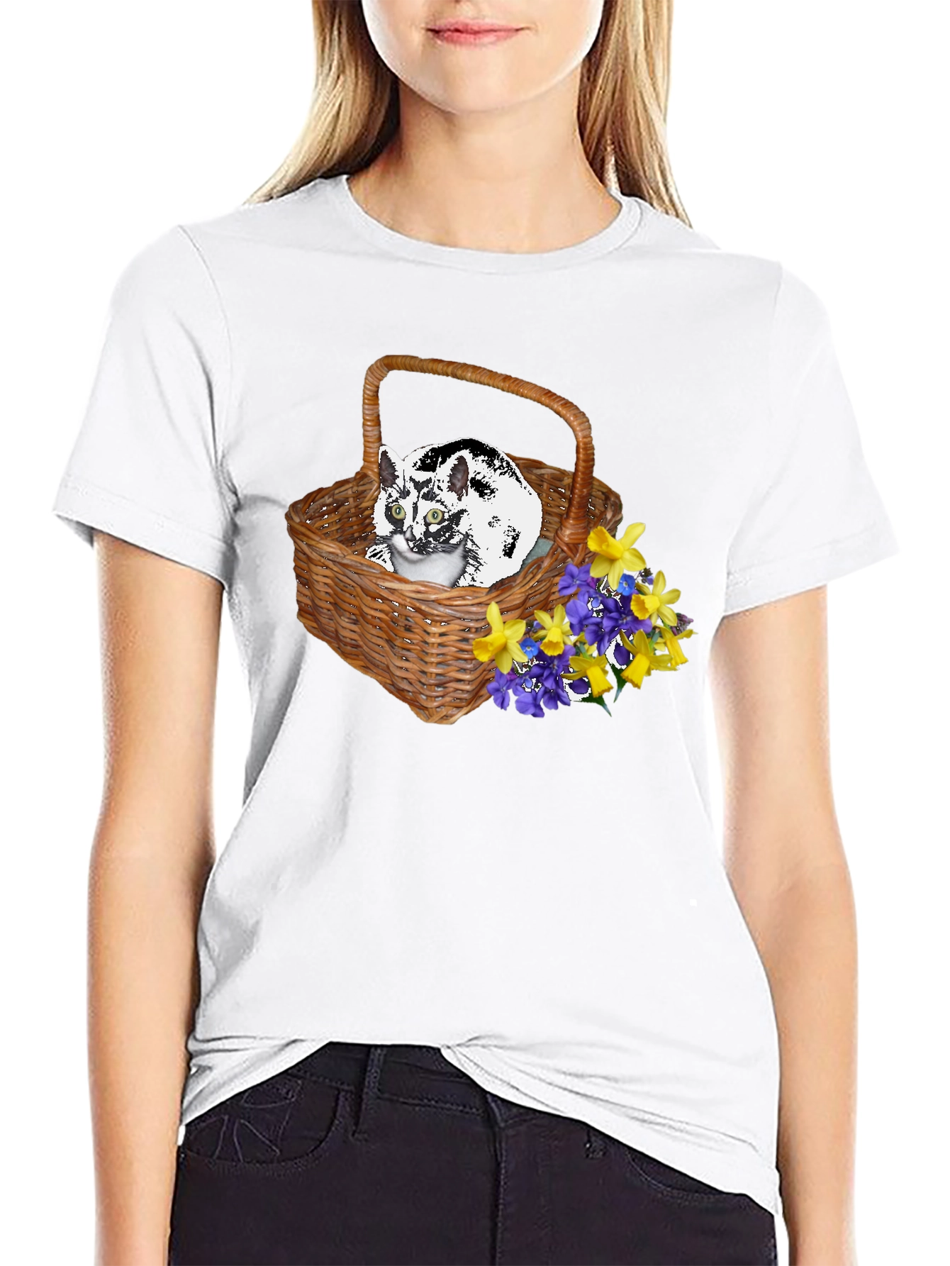 Black Cat in Basket Tee - Floral Accent view 9