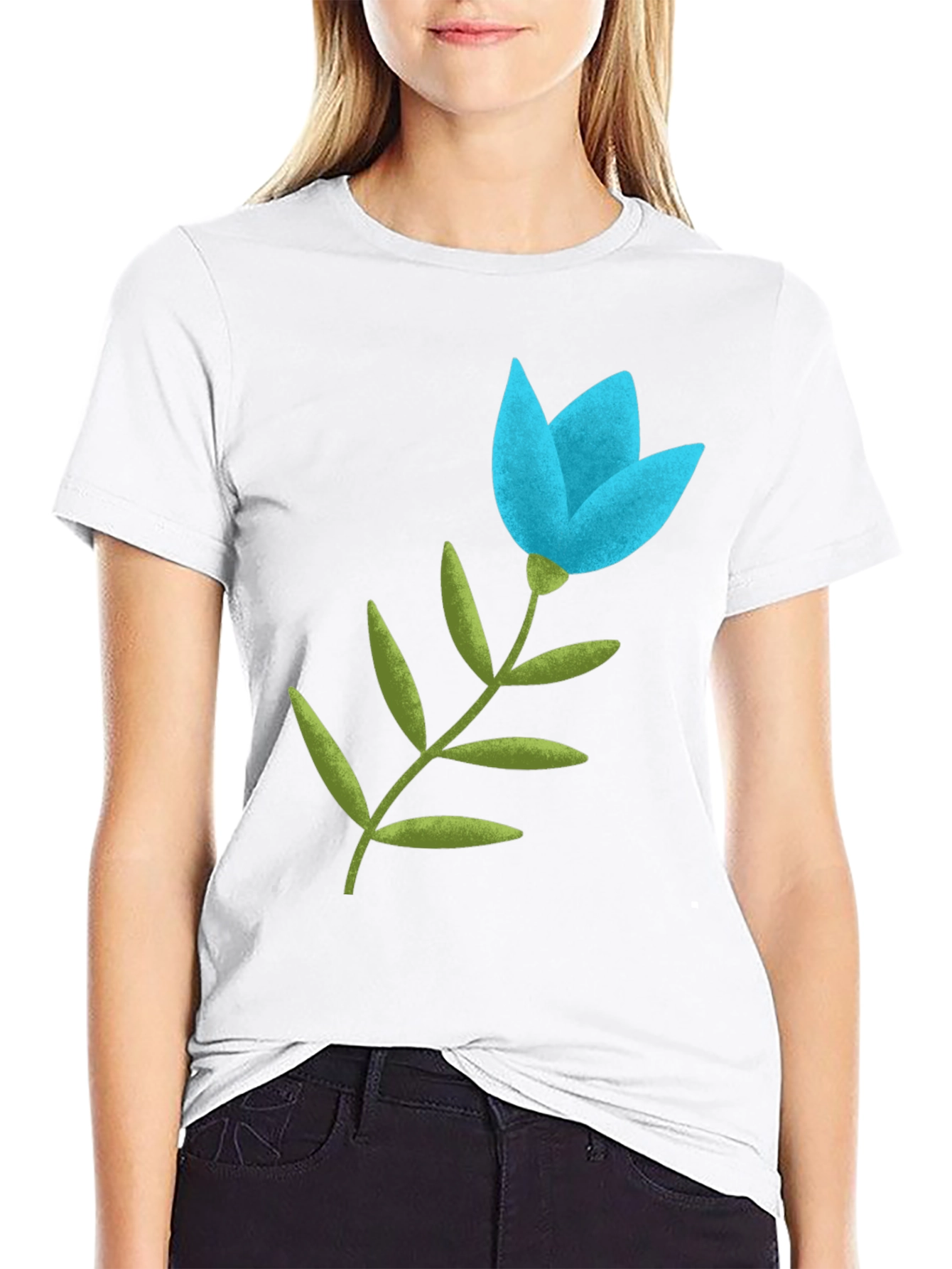 Black Blue Flower Graphic Tee - Black Cotton Blend view 9