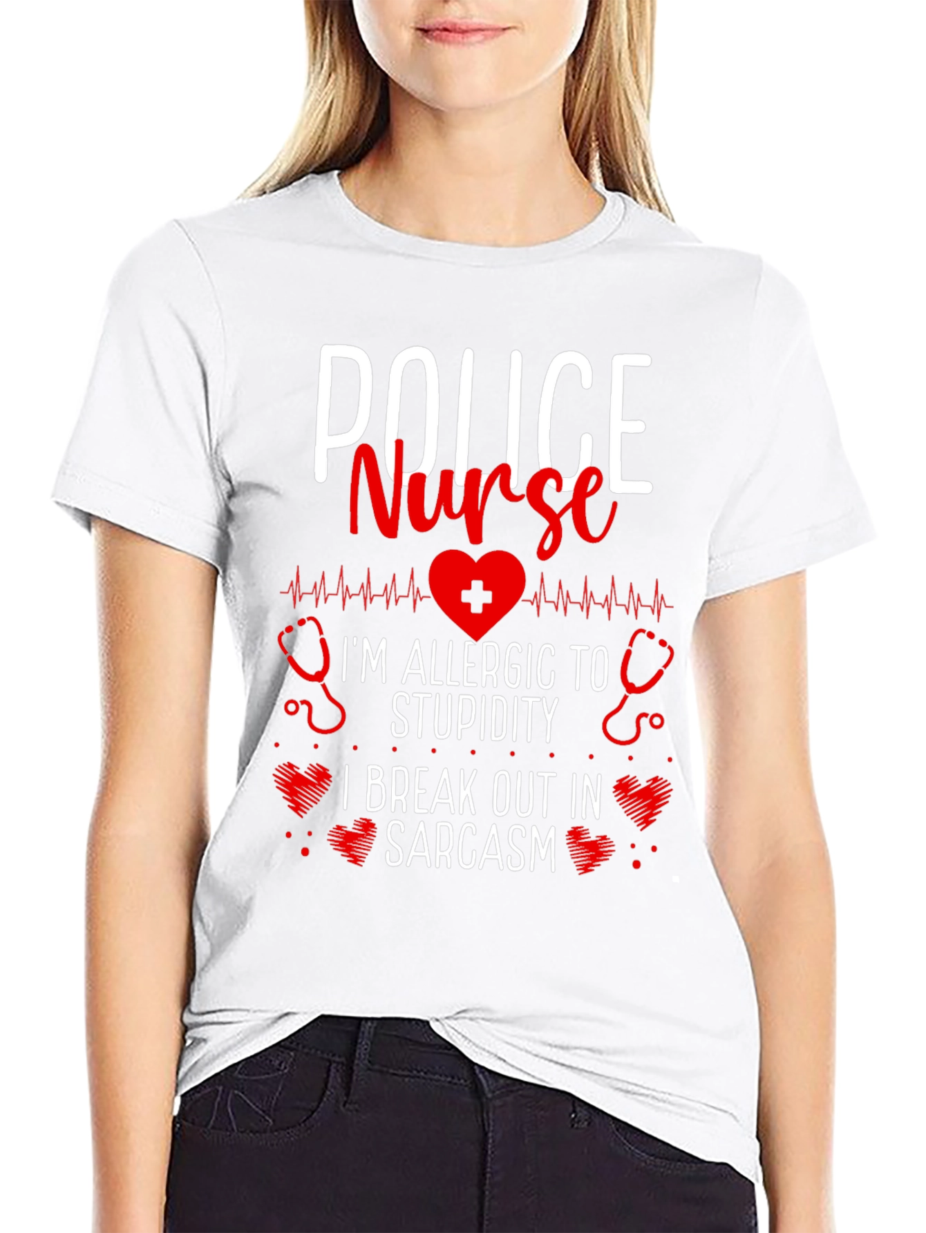 Black Police Nurse Sarcastic T-Shirt - I'm Allergic to Stupidity! view 9