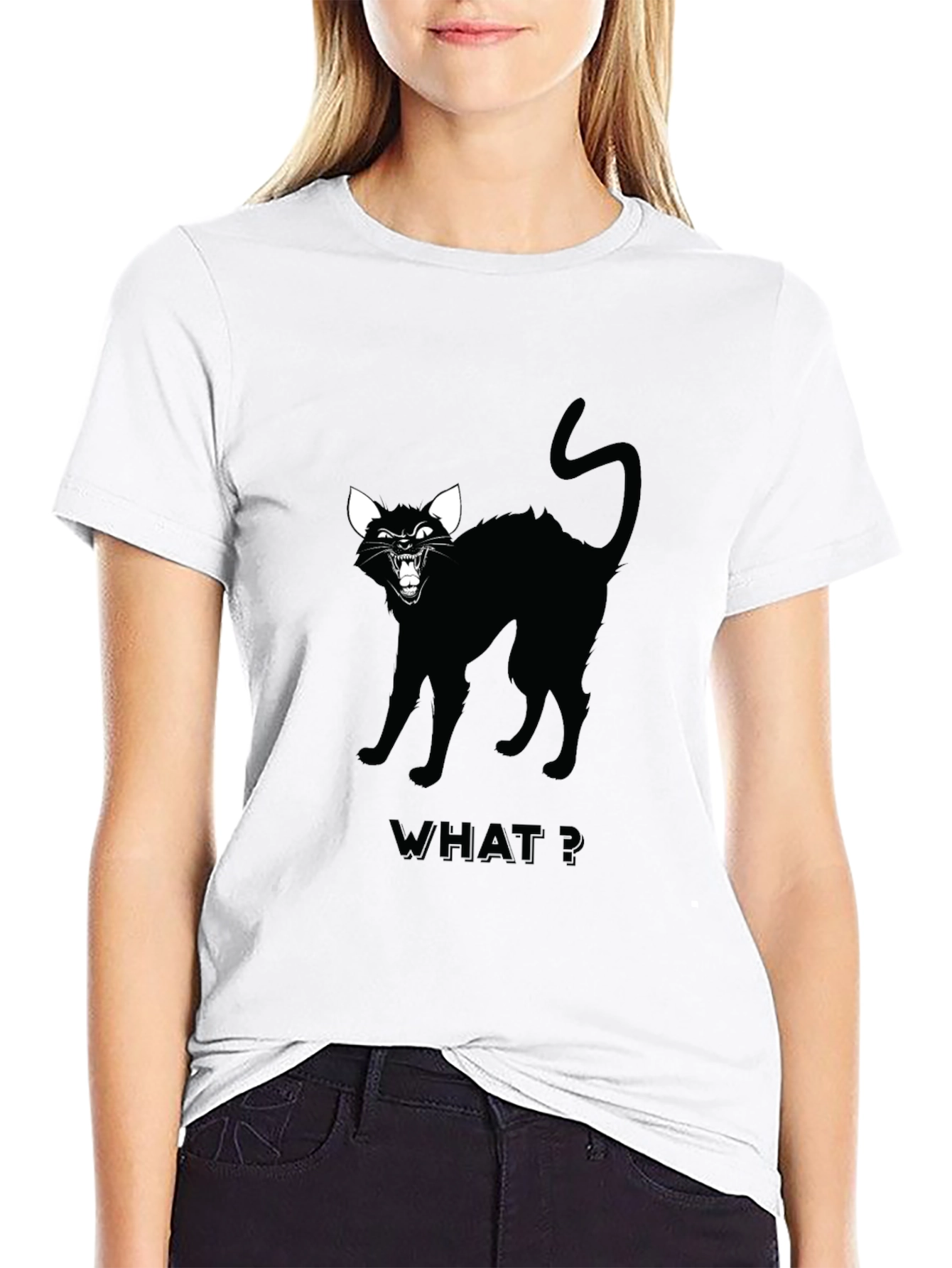 Black Black Cat Graphic Tee - "WHAT?" Design view 9