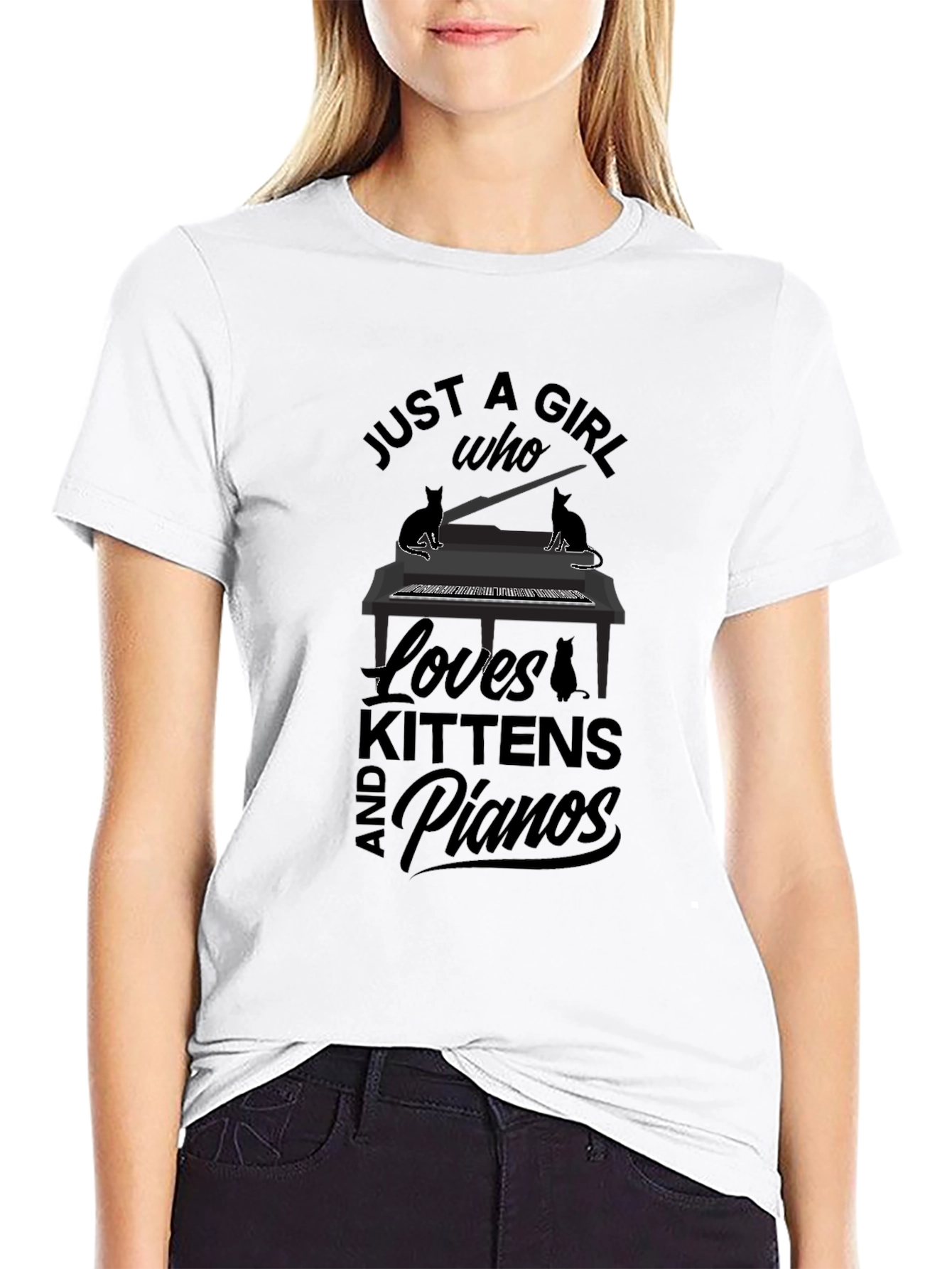 Black Just A Girl Who Loves Kittens and Pianos T-Shirt view 9