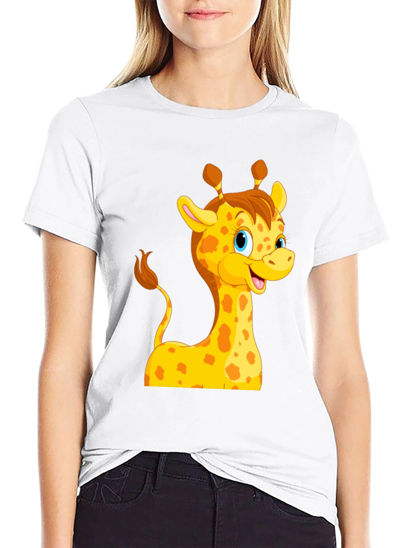 Black Cute Giraffe Cartoon Black T-Shirt view 9