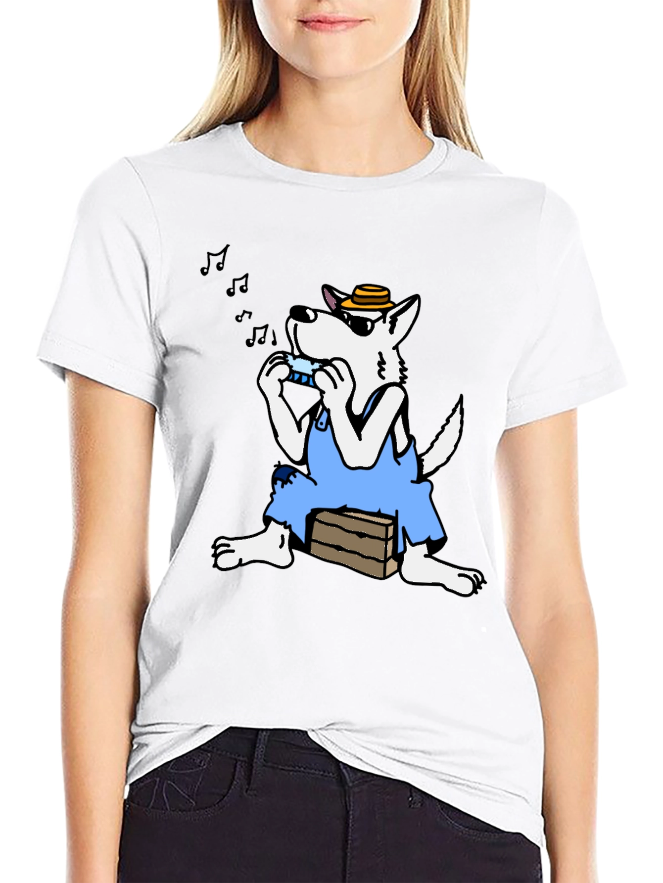 Black Cartoon Wolf Harmonica T-Shirt view 9