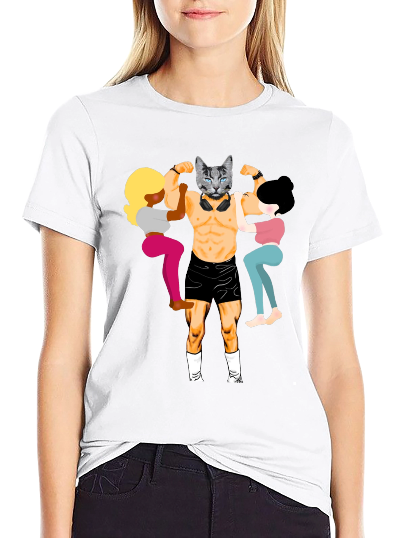Black Funny Cat Bodybuilder Graphic Tee view 9