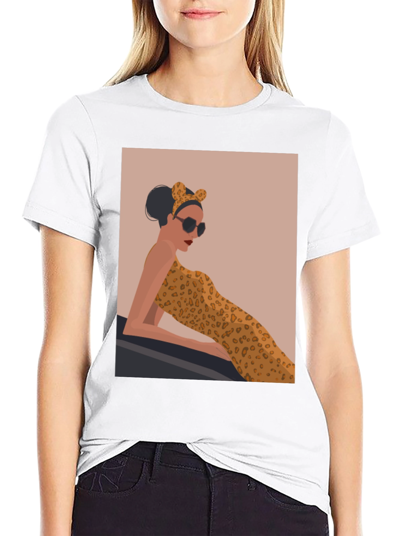 Stylish Black Tee with Leopard Print Woman Graphic - 9