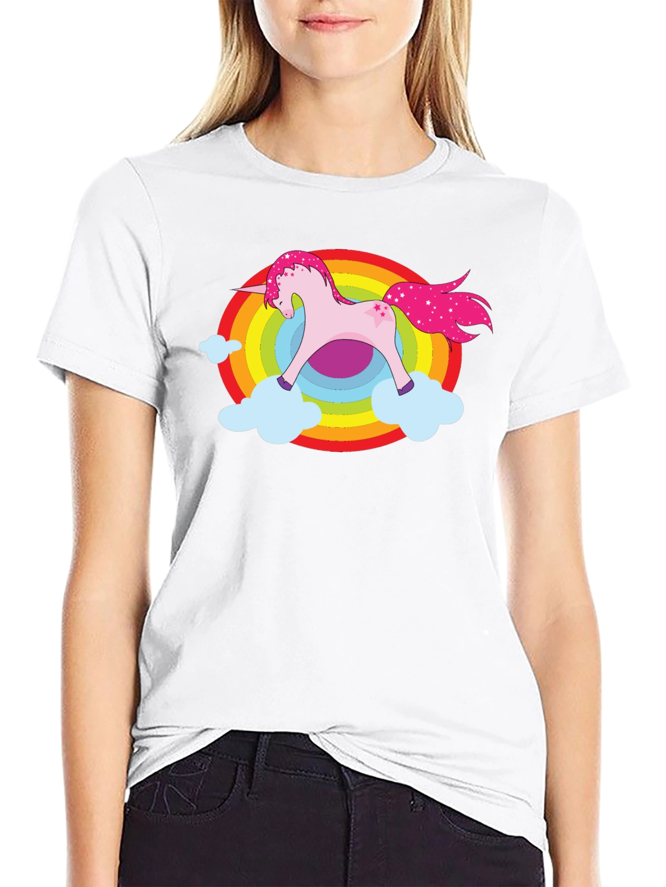 Black Unicorn Rainbow Cloud Graphic Black T-Shirt view 9