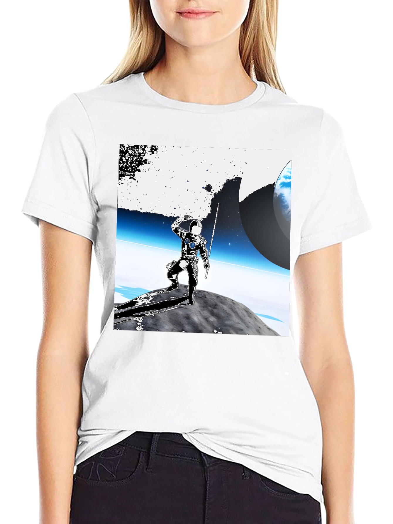Black Astronaut on Moon Graphic Tee - Black Cotton view 9