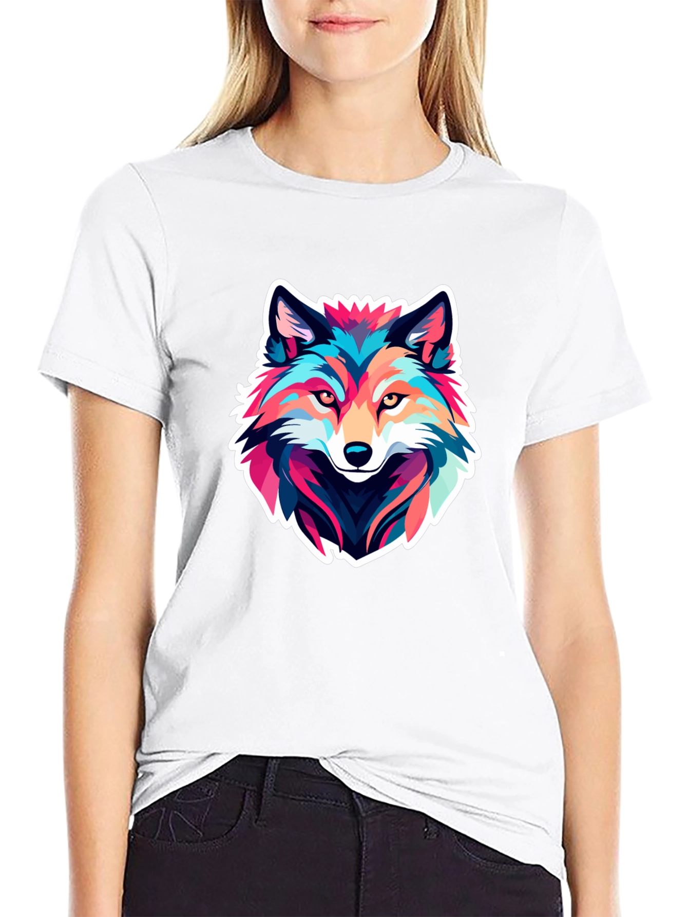 Black Colorful Wolf Graphic Black T-Shirt view 9