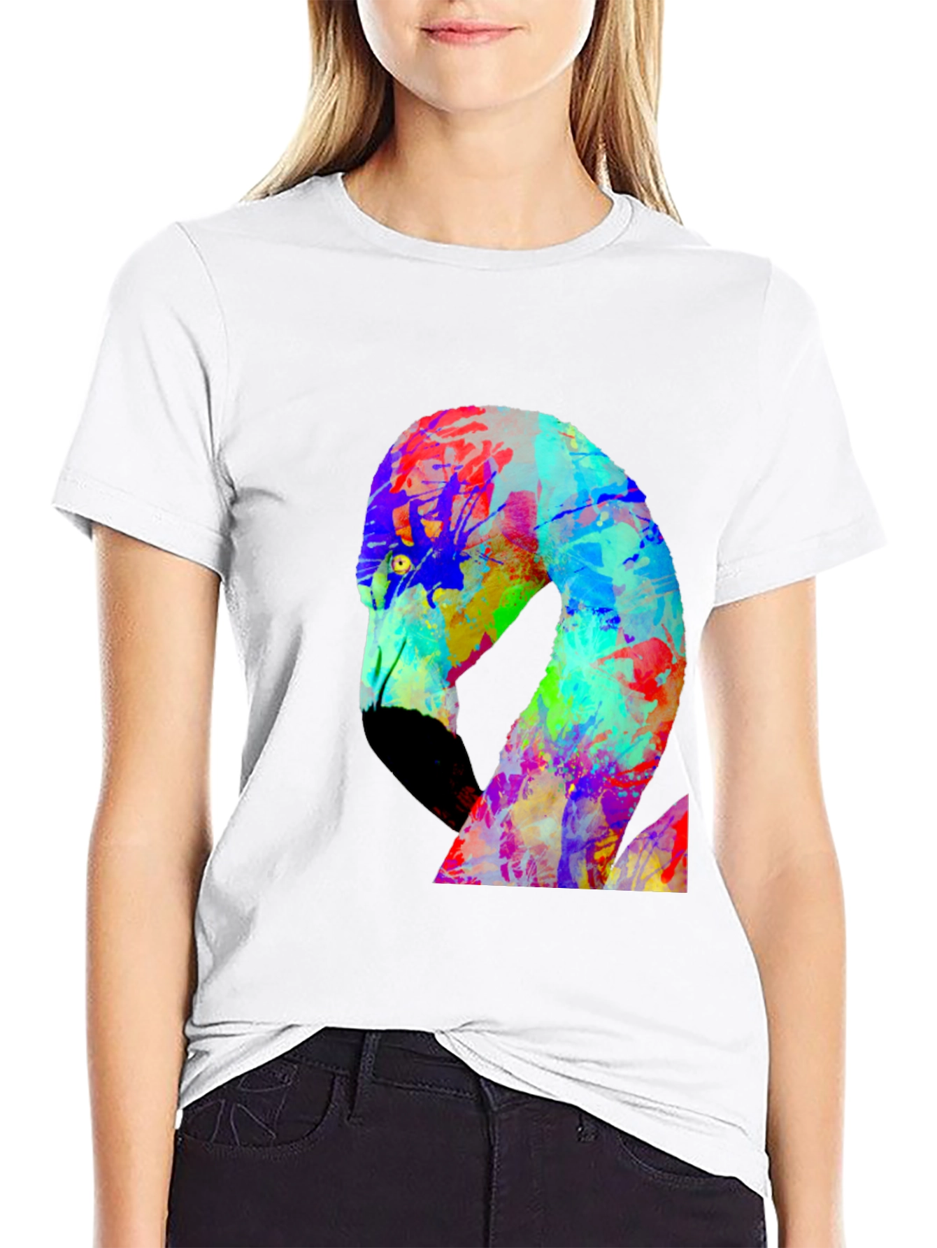 Black Colorful Flamingo Graphic Black Tee Shirt view 9