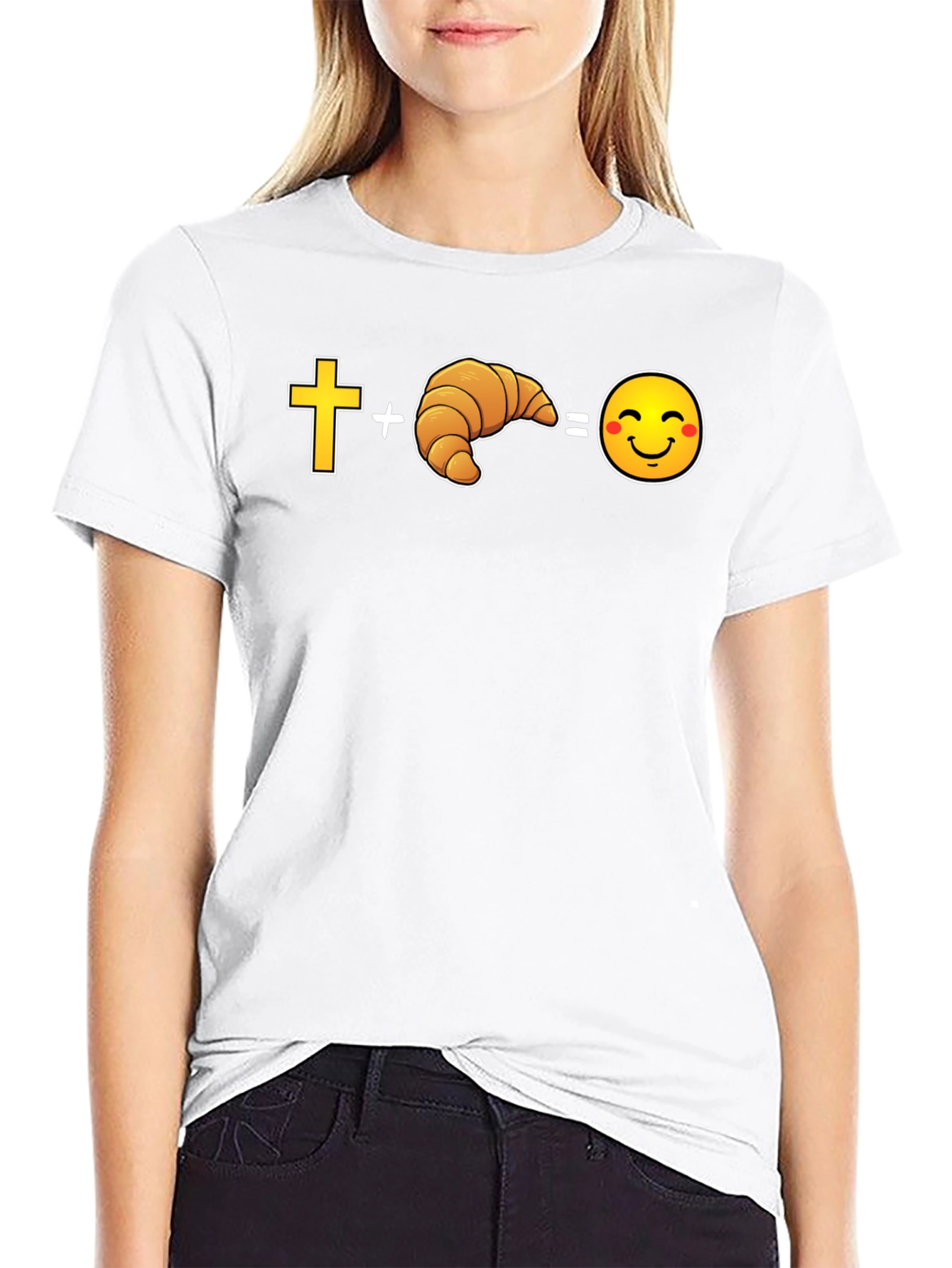 Black Cross Plus Croissant Equals Happy Face Graphic Tee view 9