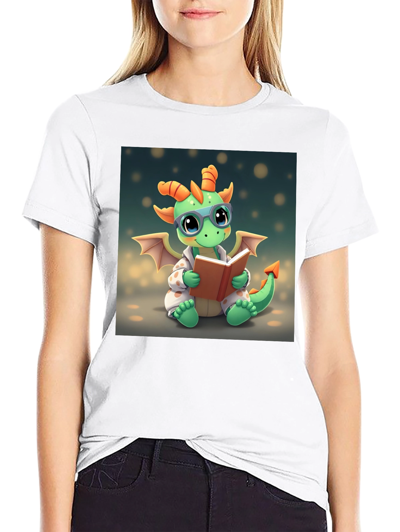 Black Cute Dragon Reading Book Graphic Tee view 9