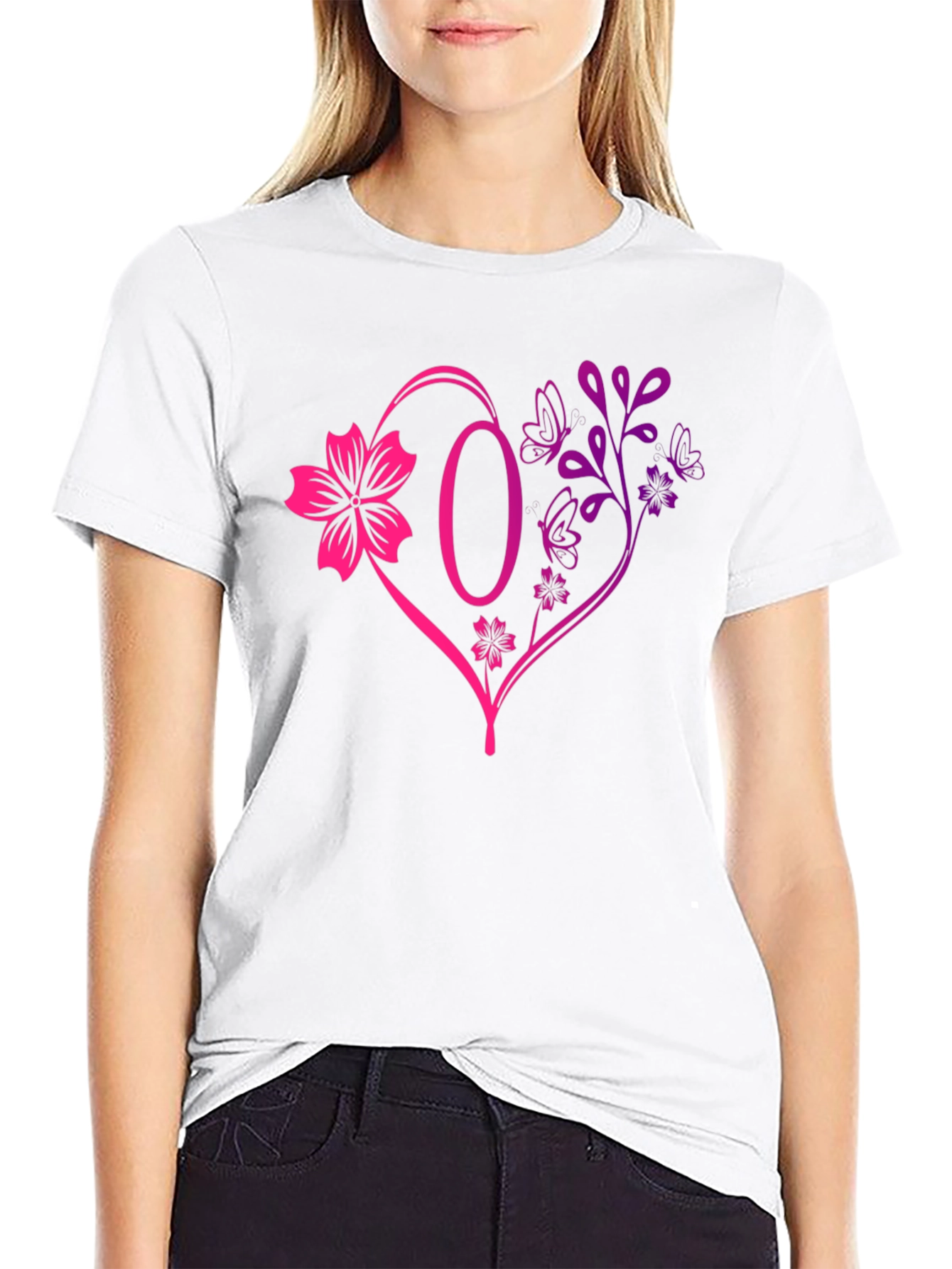 Black Floral Heart Initial T-Shirt - Personalized Letter O Design view 9