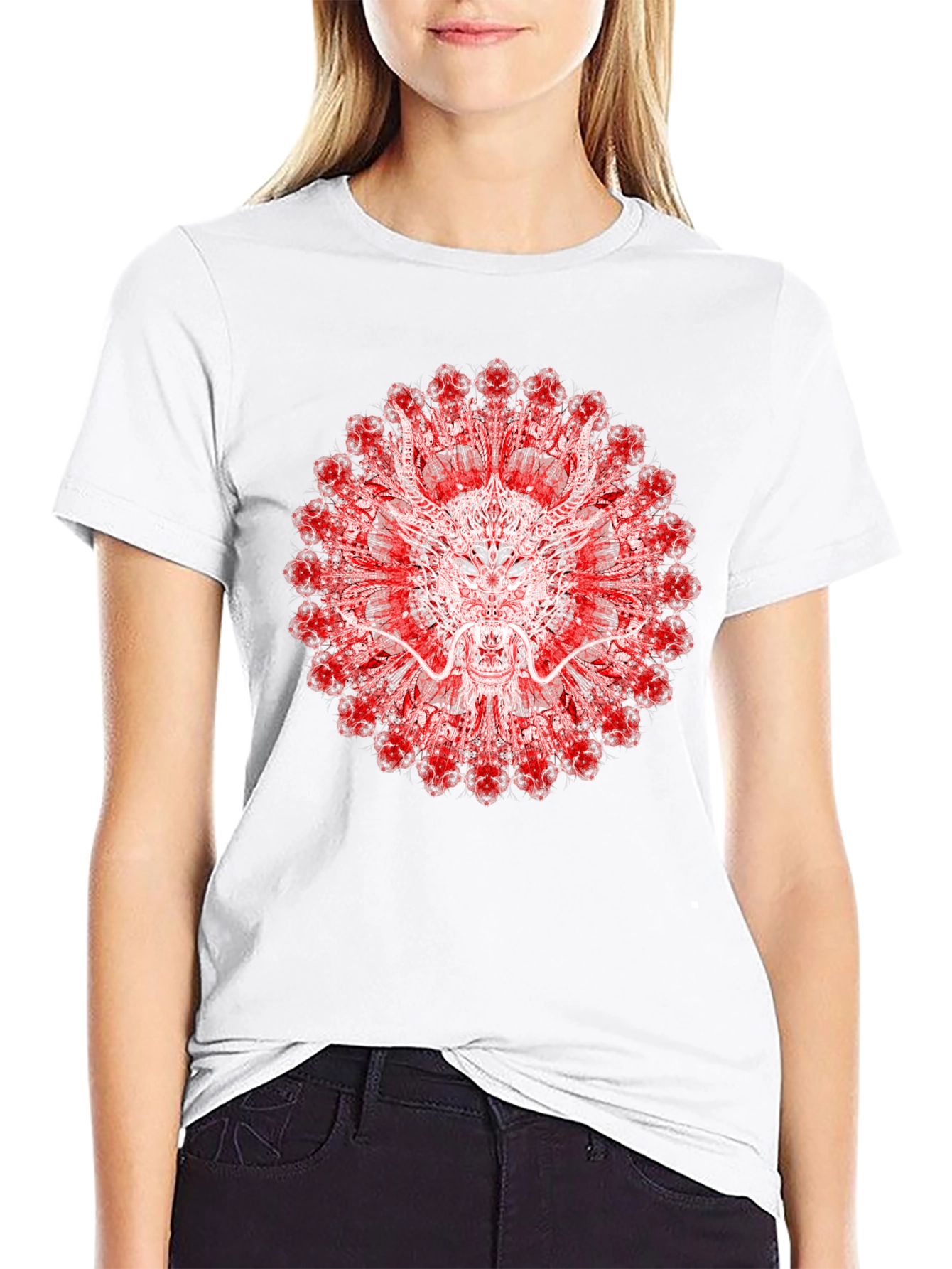 Black Dragon Mandala Graphic Tee - Unique Red & White Design view 9