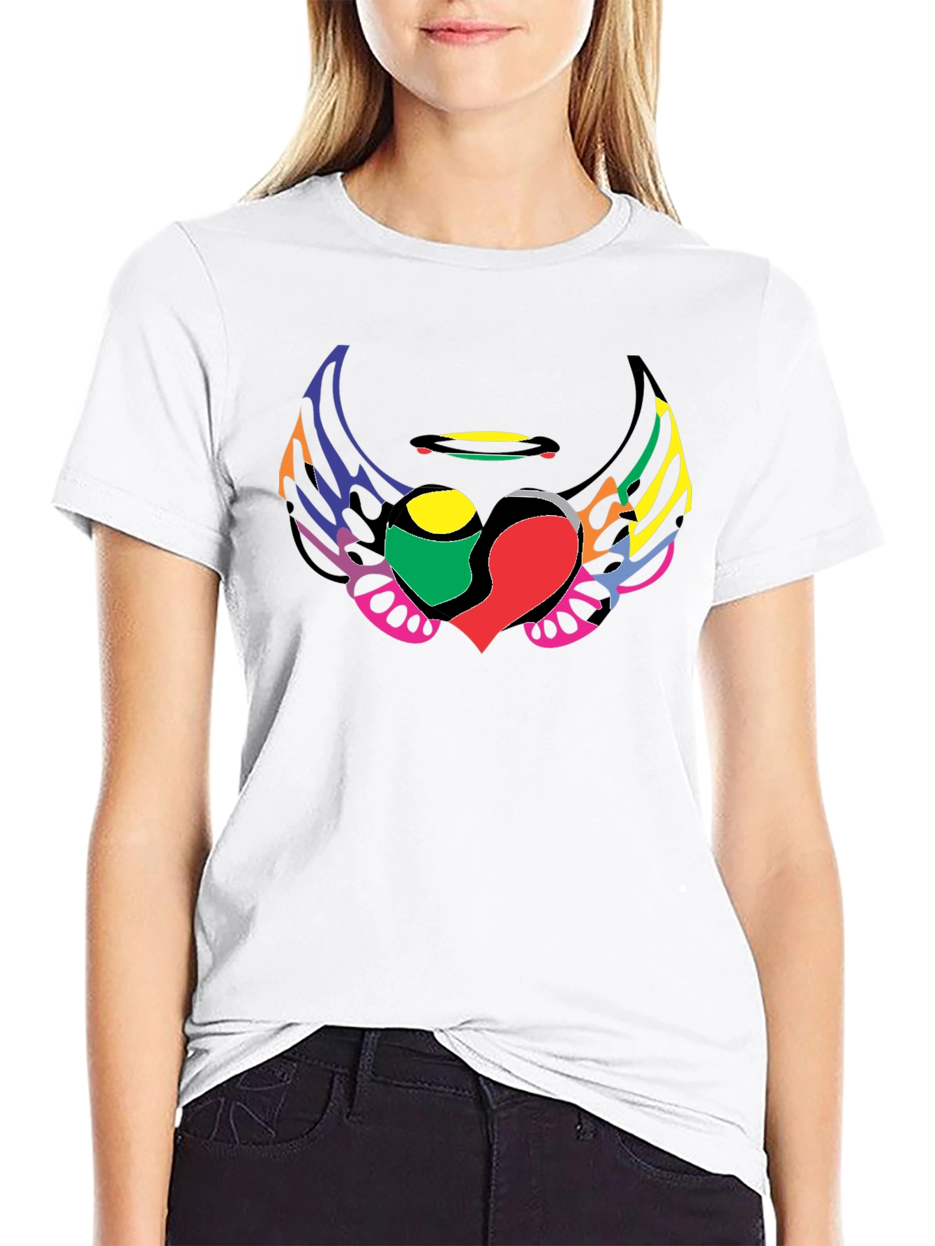 Black Colorful Wings Heart Graphic T-Shirt view 9