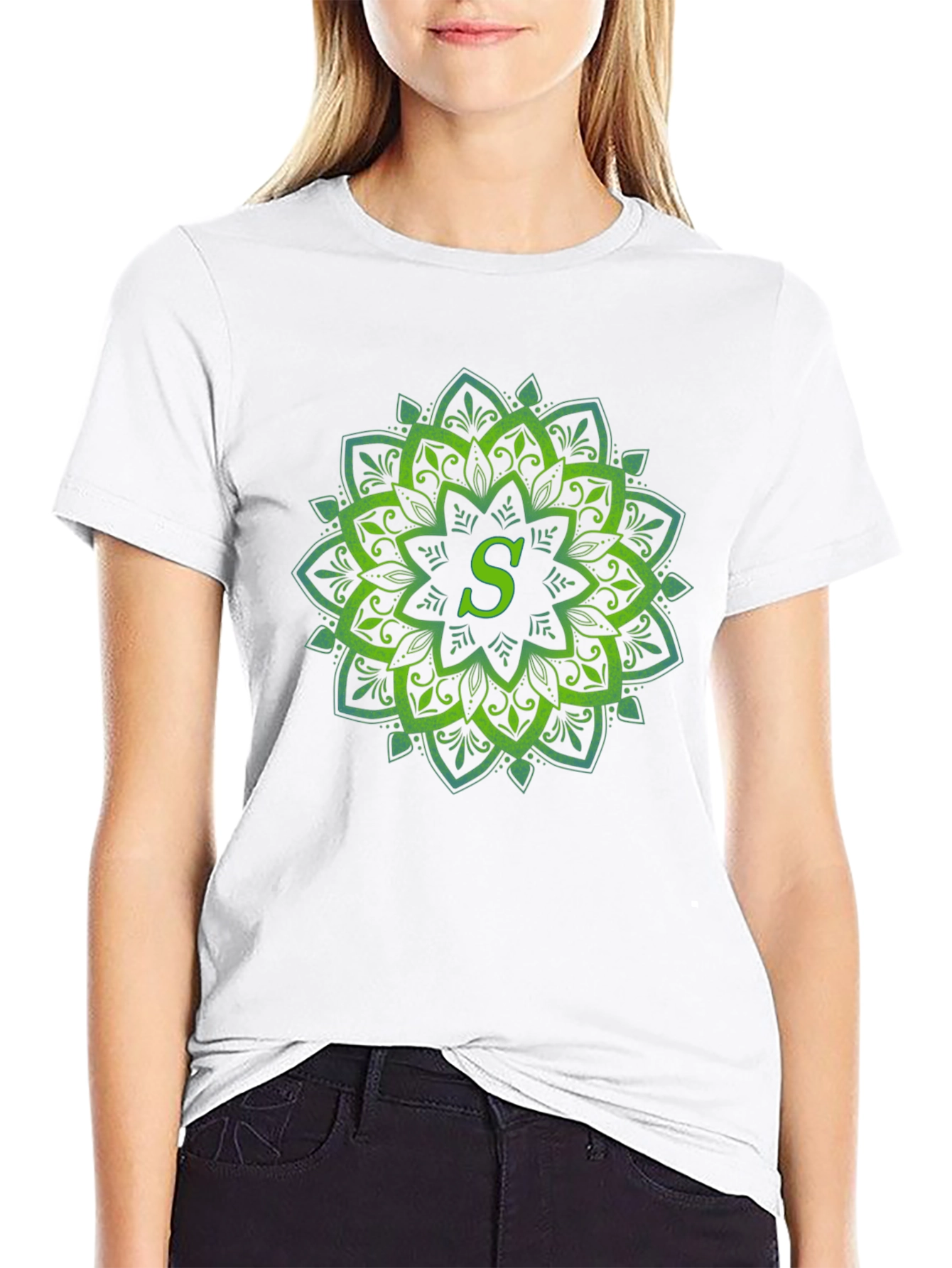 Black Green Mandala Letter S T-Shirt view 9