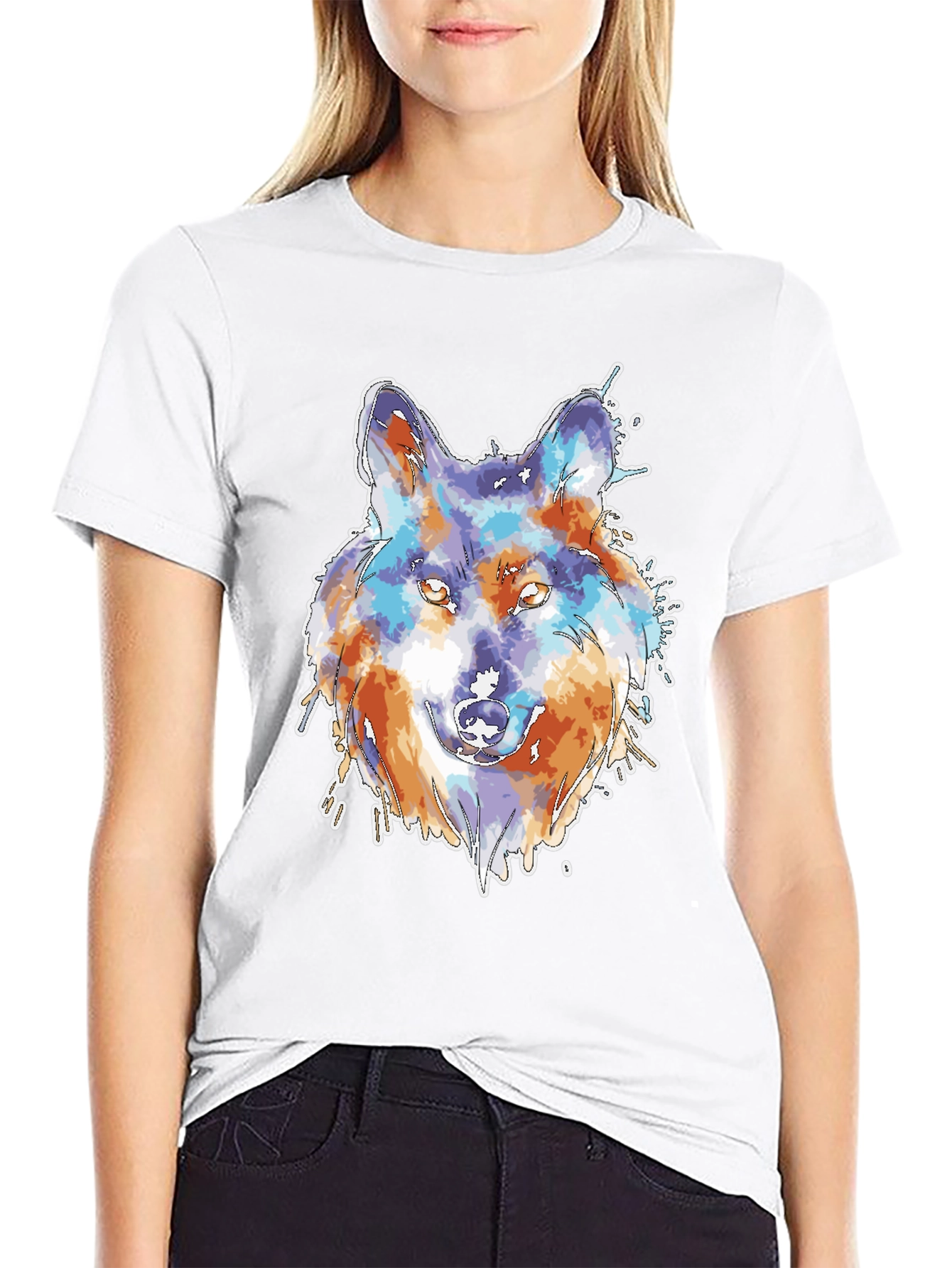 Black Wolf Watercolor Graphic Print Black T-Shirt view 9