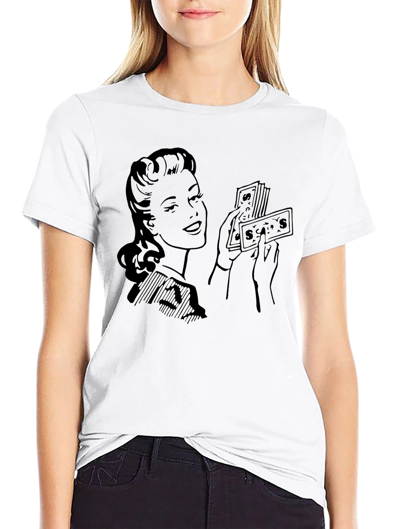 Black Retro Woman with Money Graphic Tee view 9