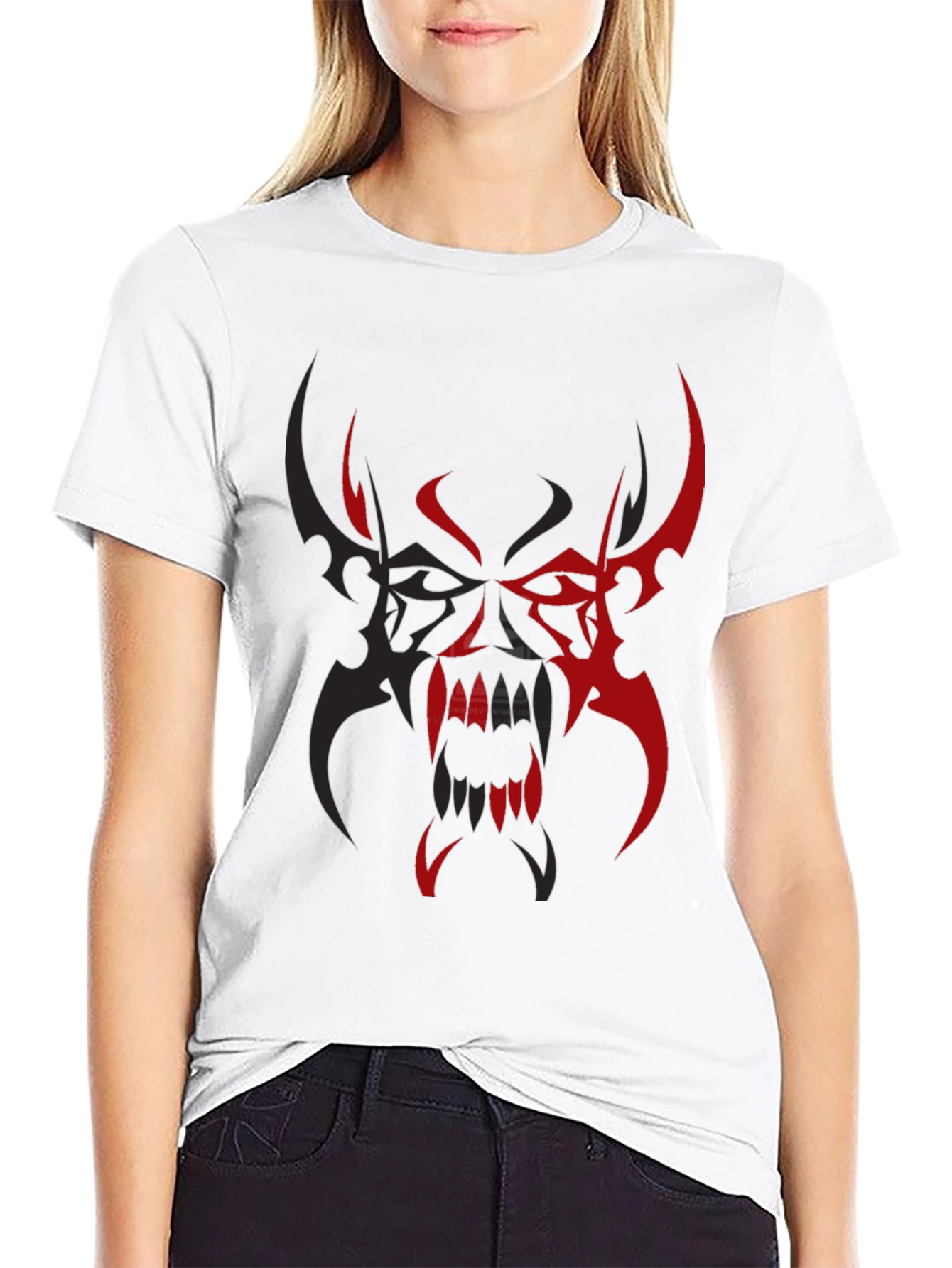 Black Men's Black T-Shirt with Red/Black Tribal Demon Design view 9