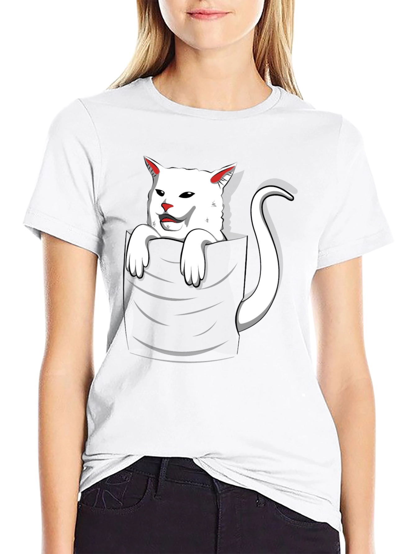Black Cat Pocket T-Shirt - Funny White Cat Design view 9