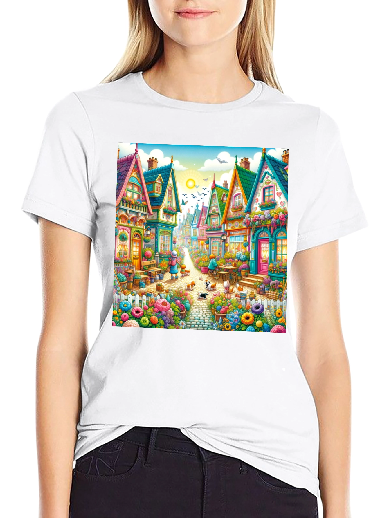 Black Whimsical Village T-Shirt - Colorful Town Design view 9