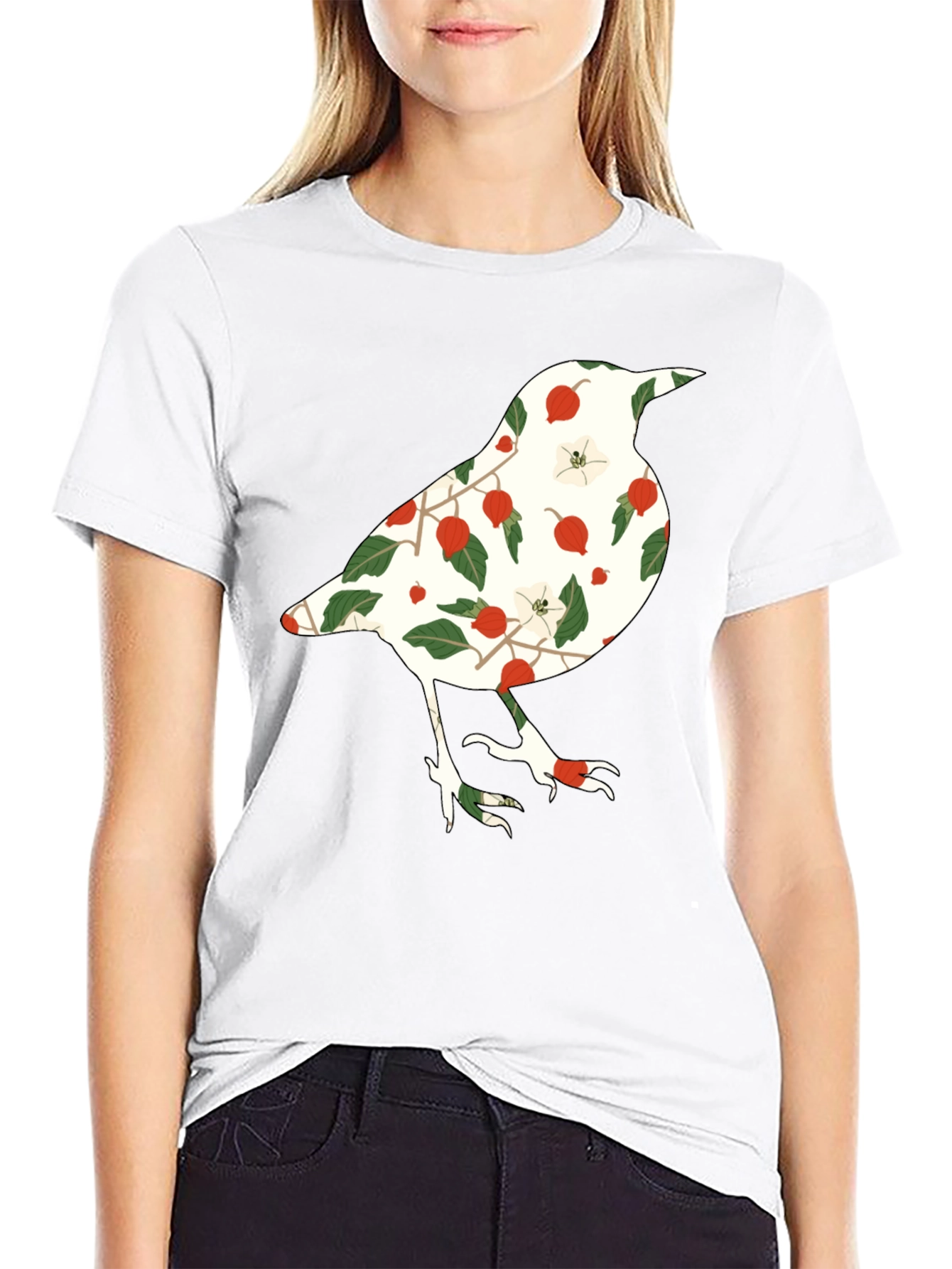 Black Floral Bird Graphic Tee - Black Casual T-Shirt view 9