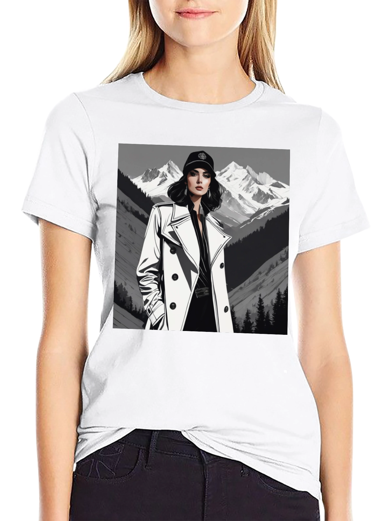 Black Stylish Woman Mountain Tee - Black Cotton Blend view 9