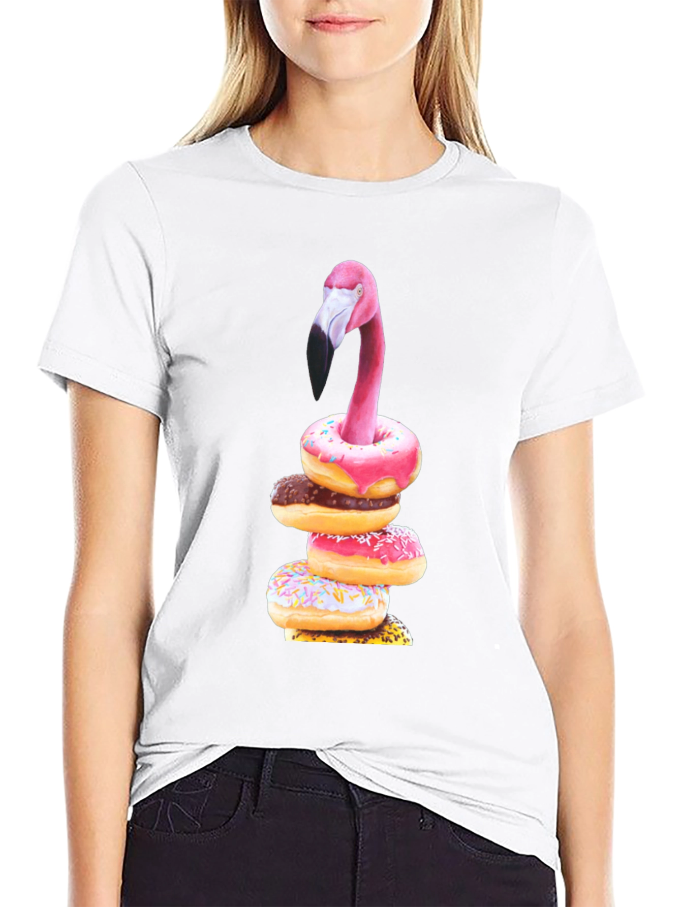 Black Flamingo Donut Stack Graphic Tee view 9