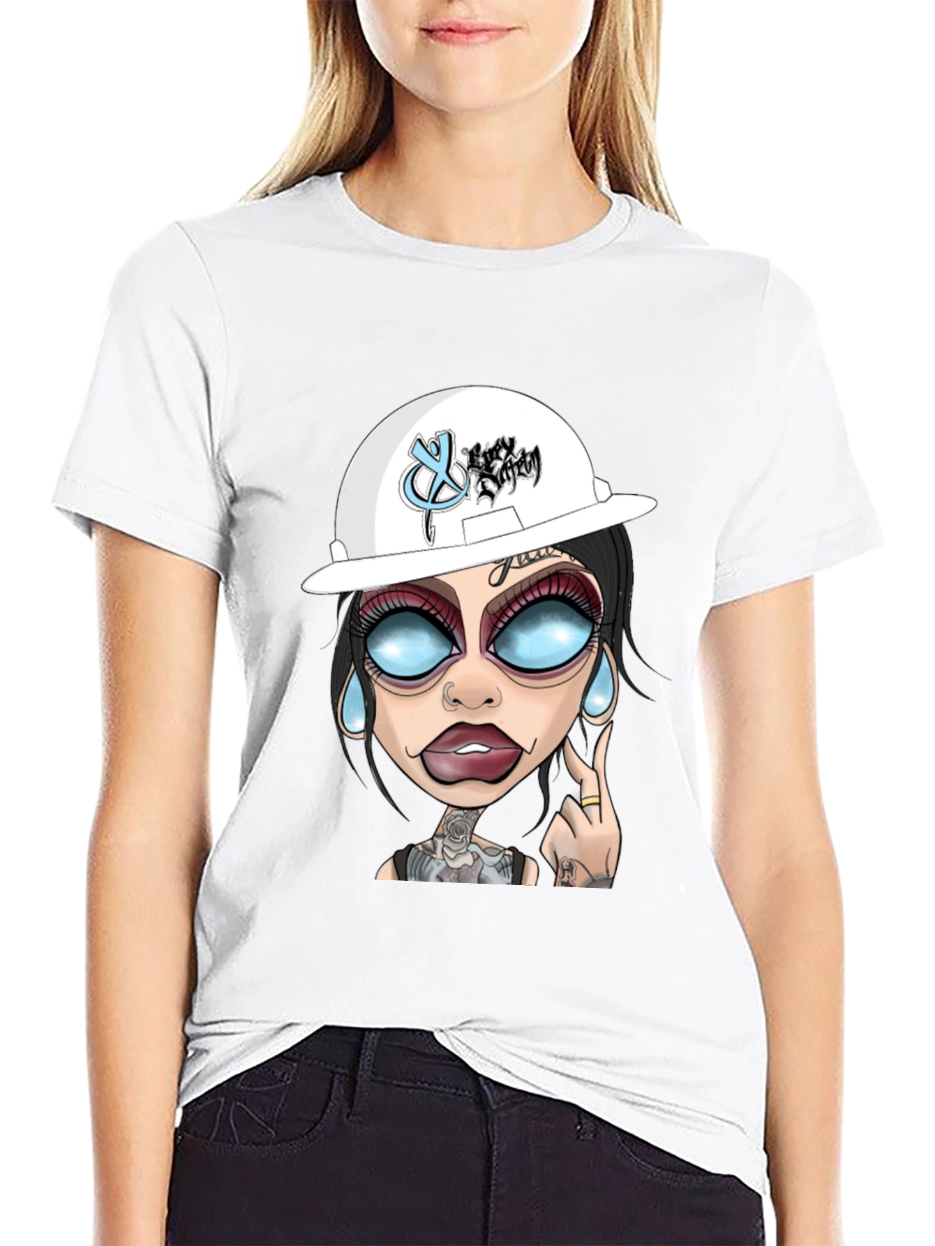 Black Cartoon Graphic T-Shirt - Edgy Tattoo Girl Design view 9