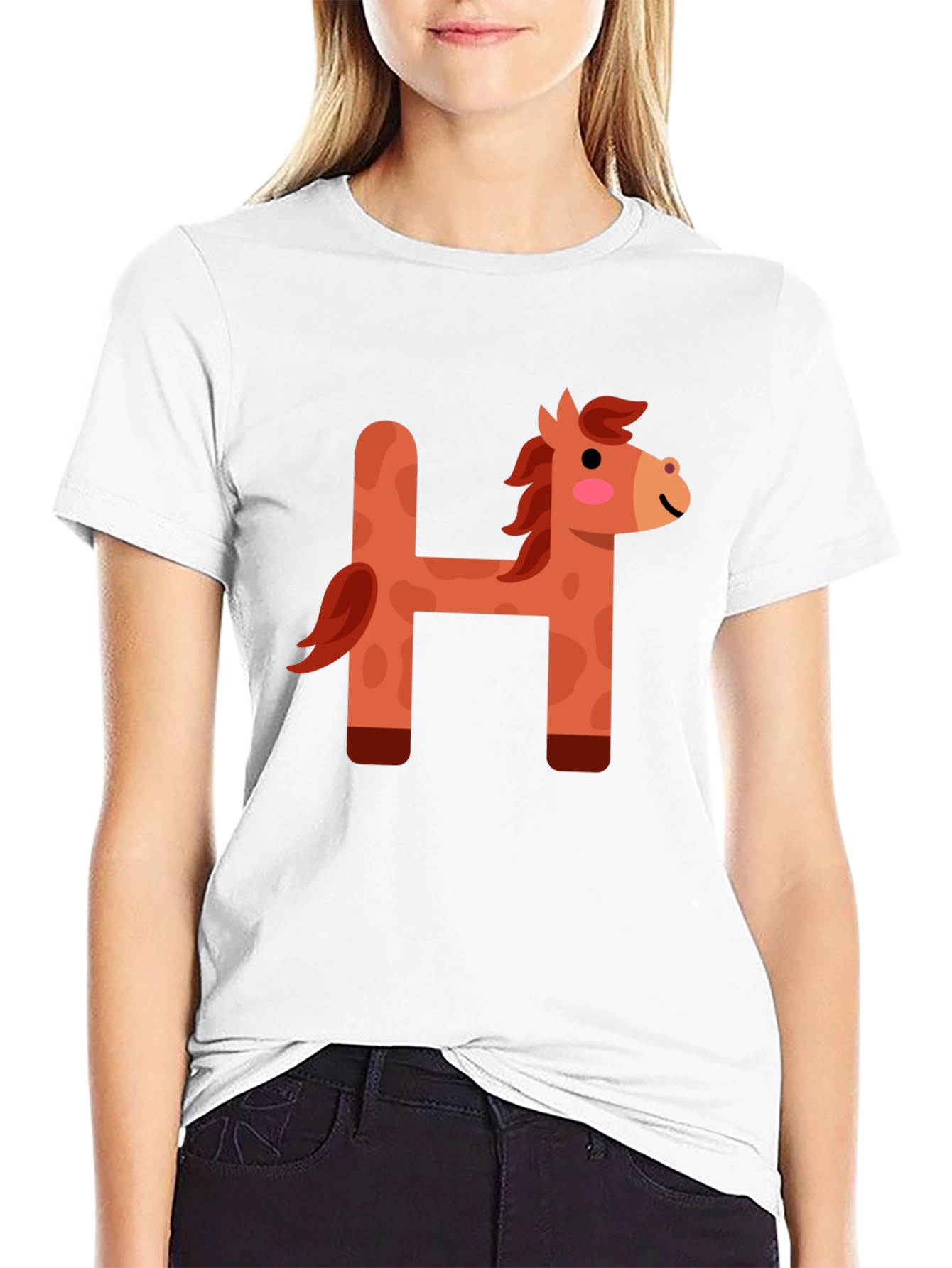 Black Cute Horse Letter H Black T-Shirt view 9