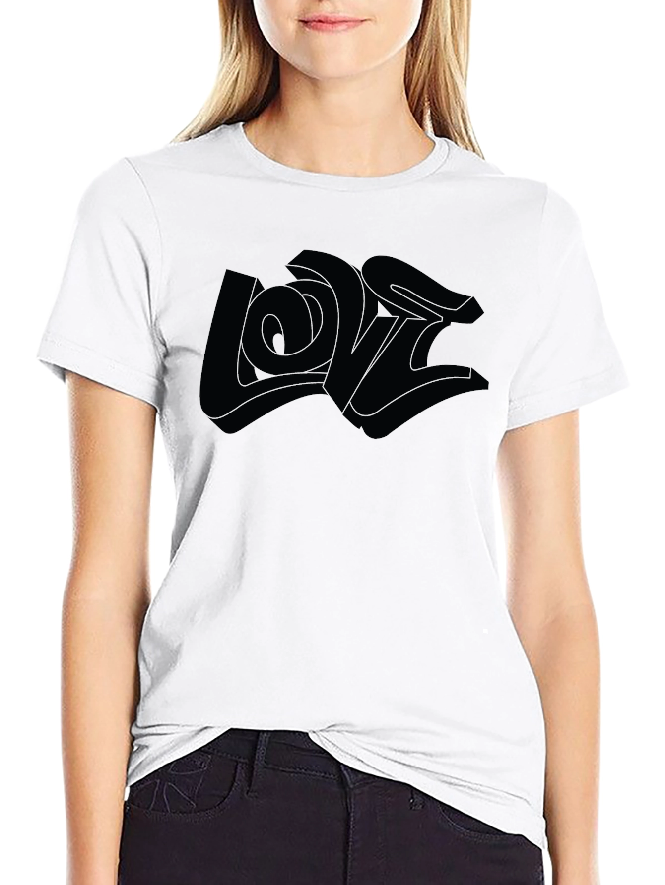 Black Monochrome Graphic Tee - 3D 'Love' Design view 9