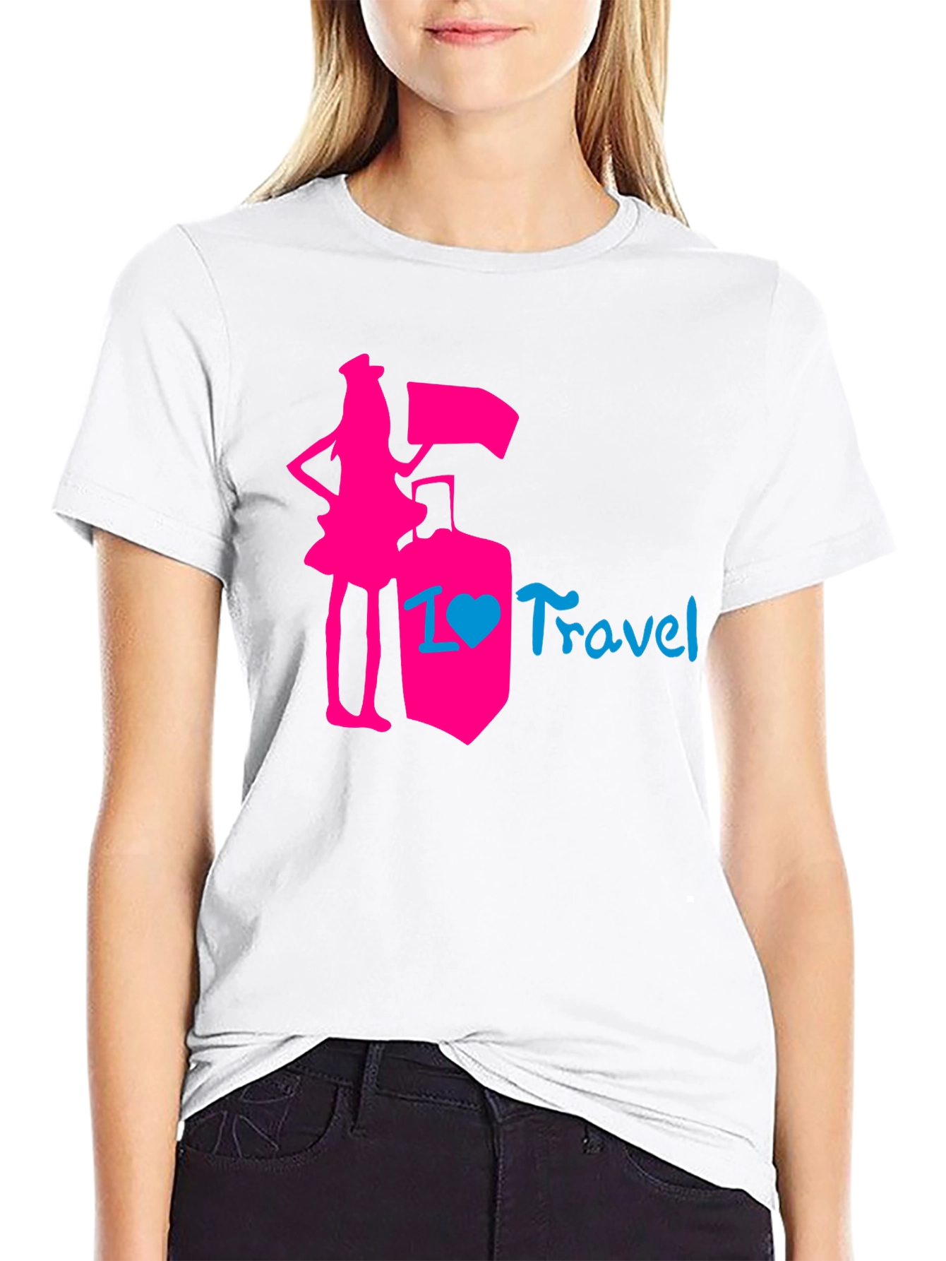Black I Love Travel T-Shirt: Pink Design, Stylish Top view 9