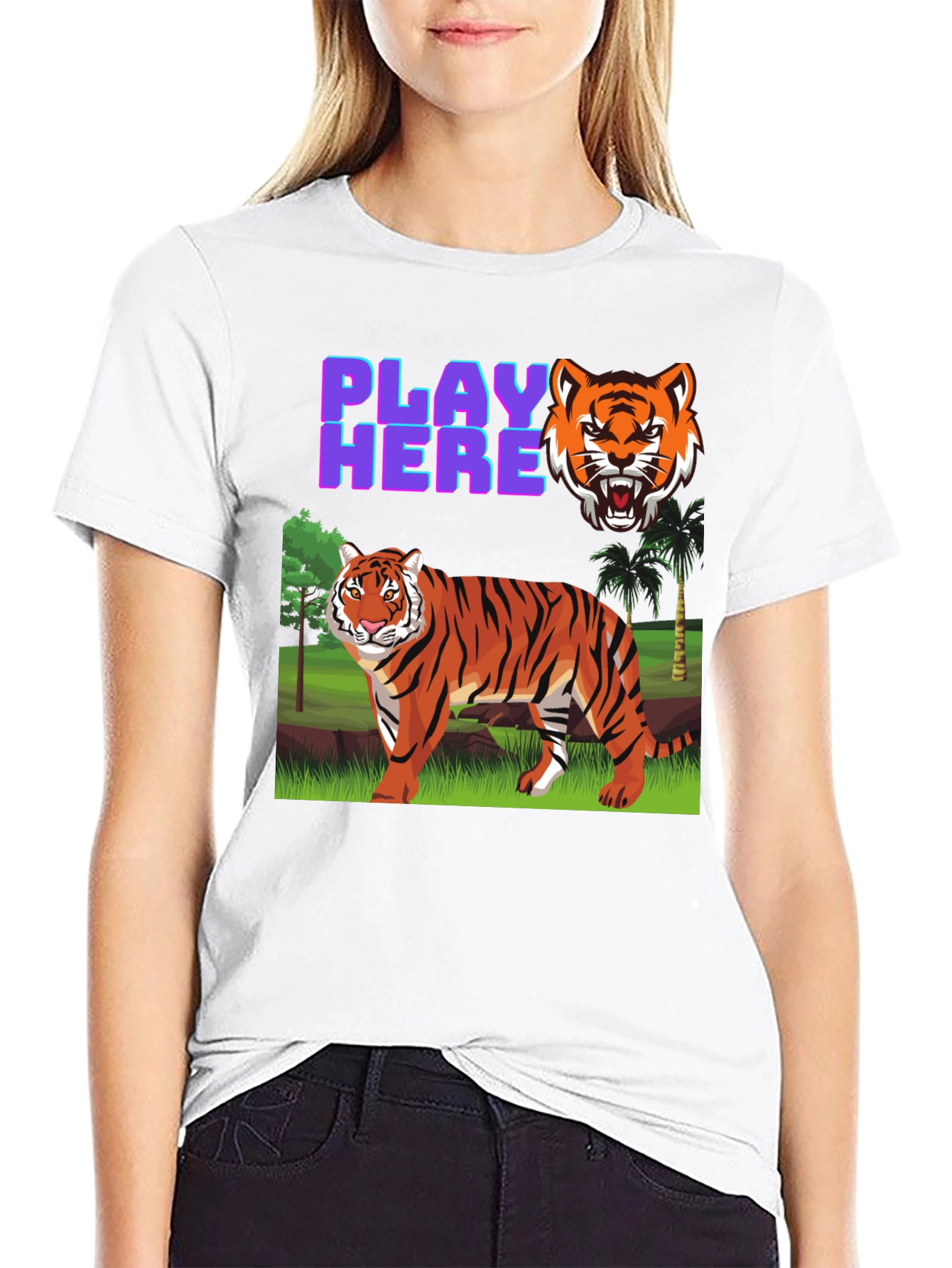 Black Play Here Tiger Graphic Tee - Cool Animal Print Shirt view 9