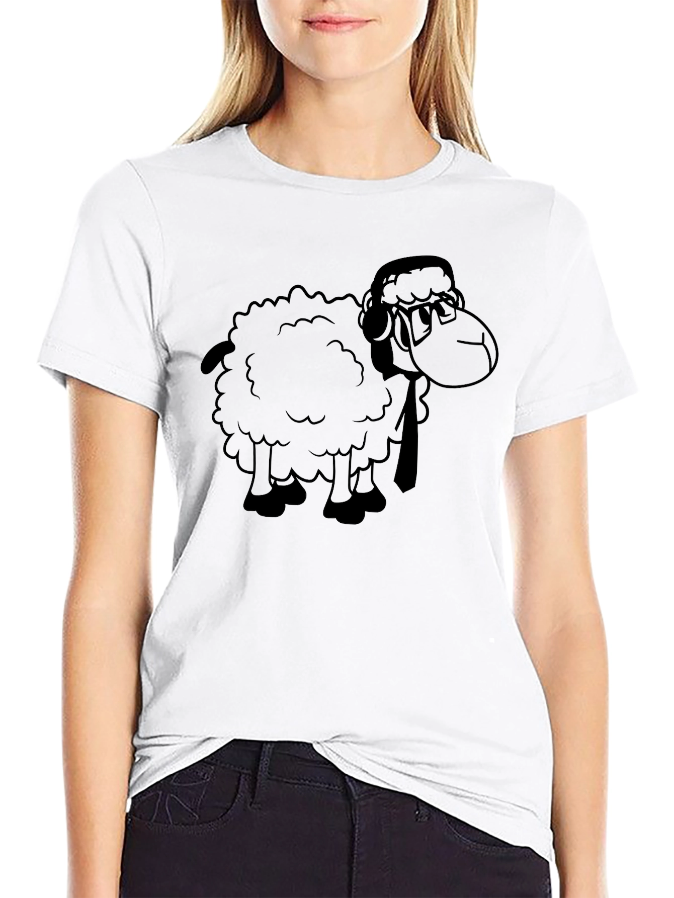 Black Cartoon Sheep Graphic Tee - Black Cotton T-Shirt view 9