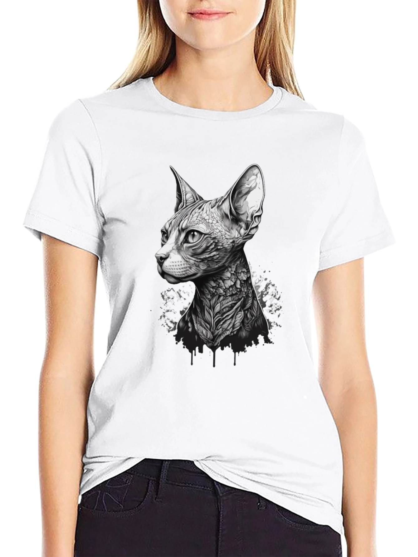 Black Sphynx Cat Tattoo Style Black T-Shirt view 9
