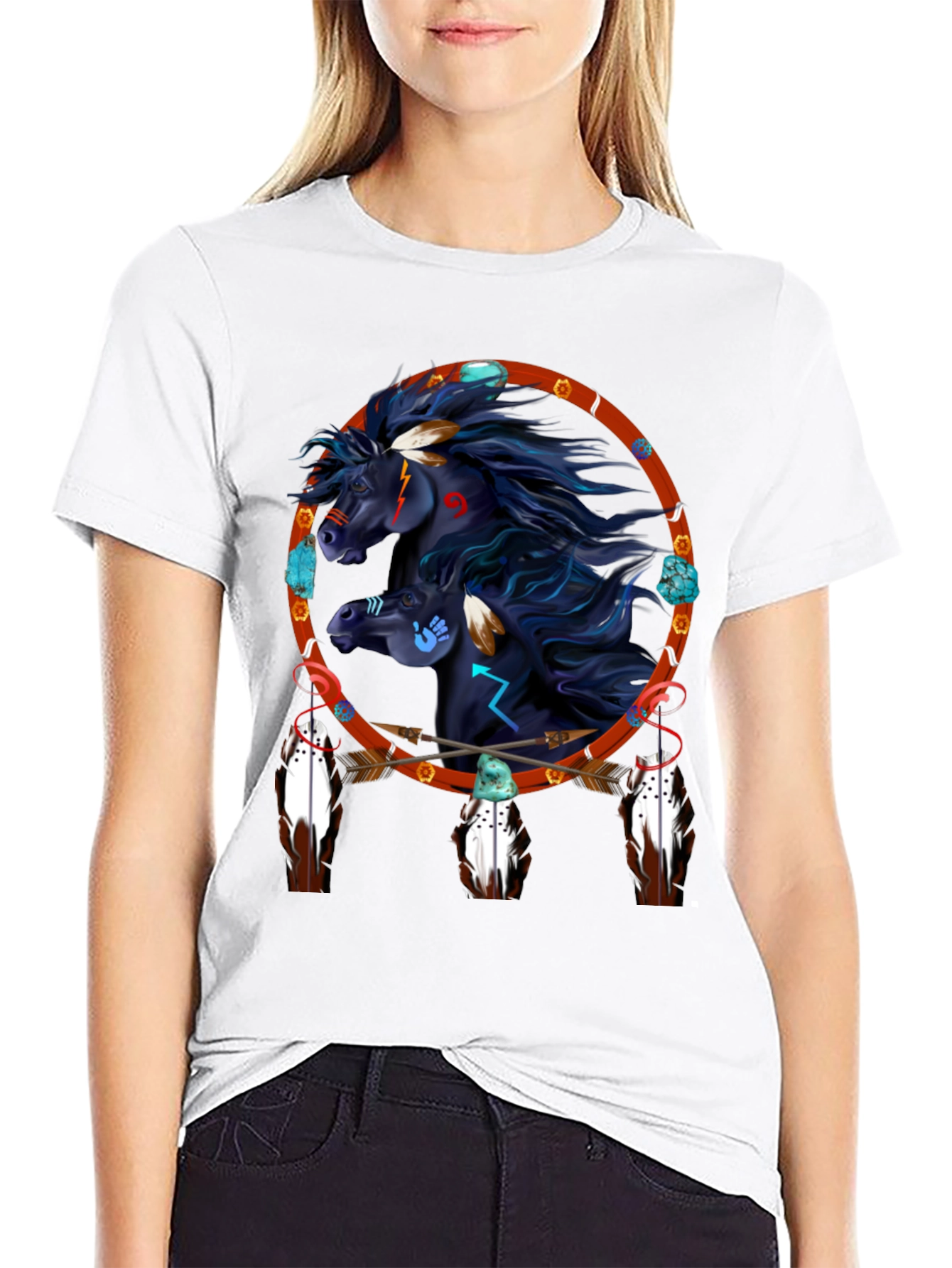 Black Native American Horse Dreamcatcher Graphic Tee view 9