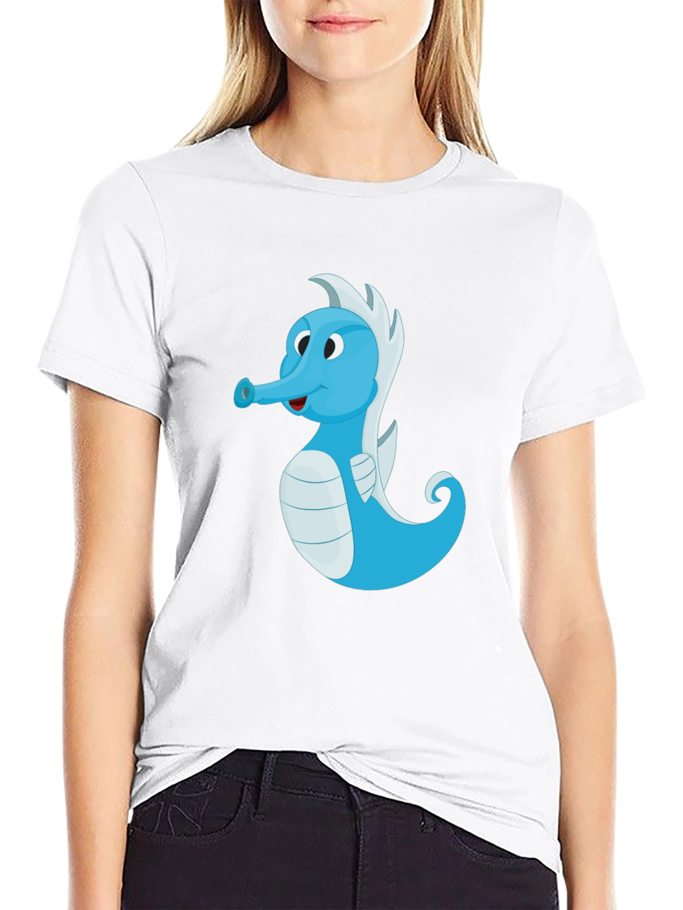 Black Cute Blue Seahorse Graphic Tee - Unisex Black T-Shirt view 9