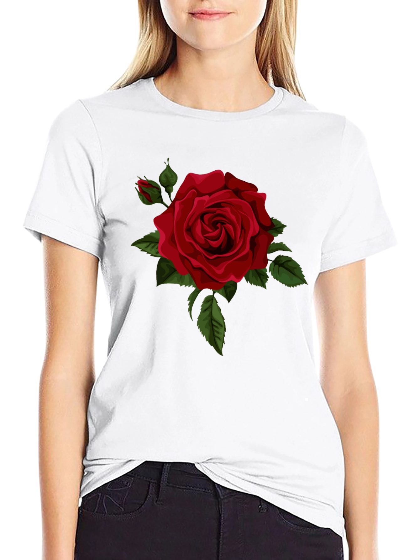 Black Red Rose Graphic Tee - Classic Black Cotton T-Shirt view 9