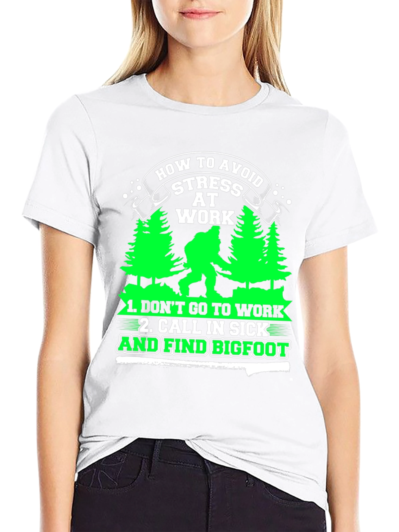 Black Avoid Stress at Work Bigfoot Graphic Tee view 9