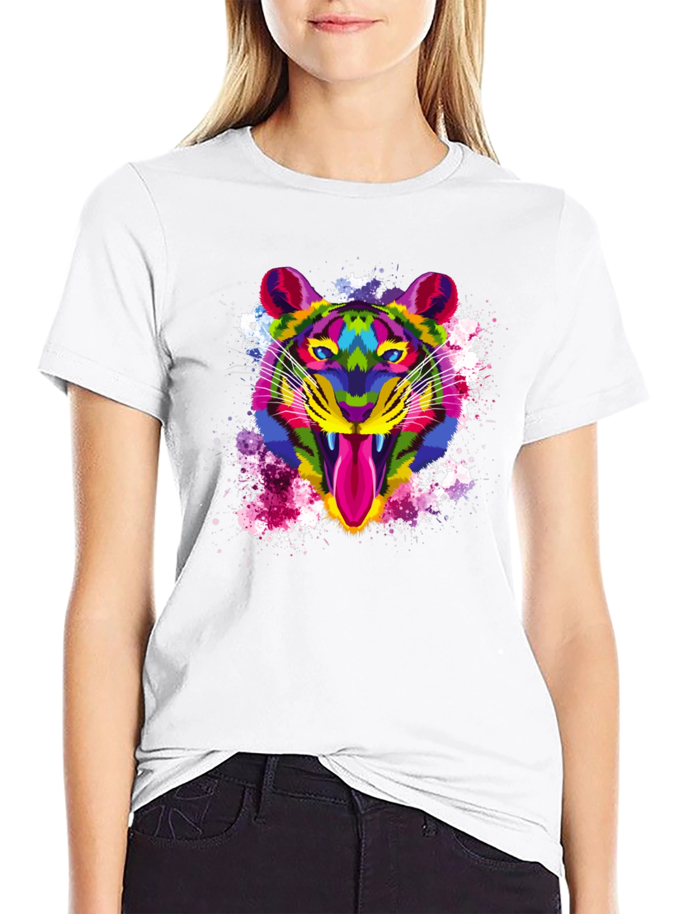 Black Colorful Tiger Graphic Print Men's Black T-Shirt view 9