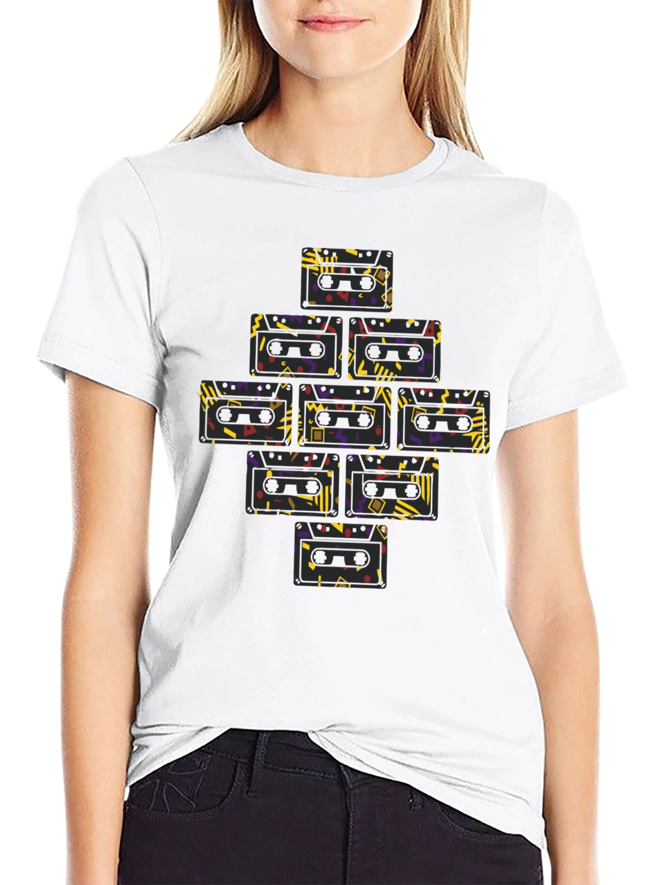 Black Retro Cassette Tape Pattern T-Shirt view 9