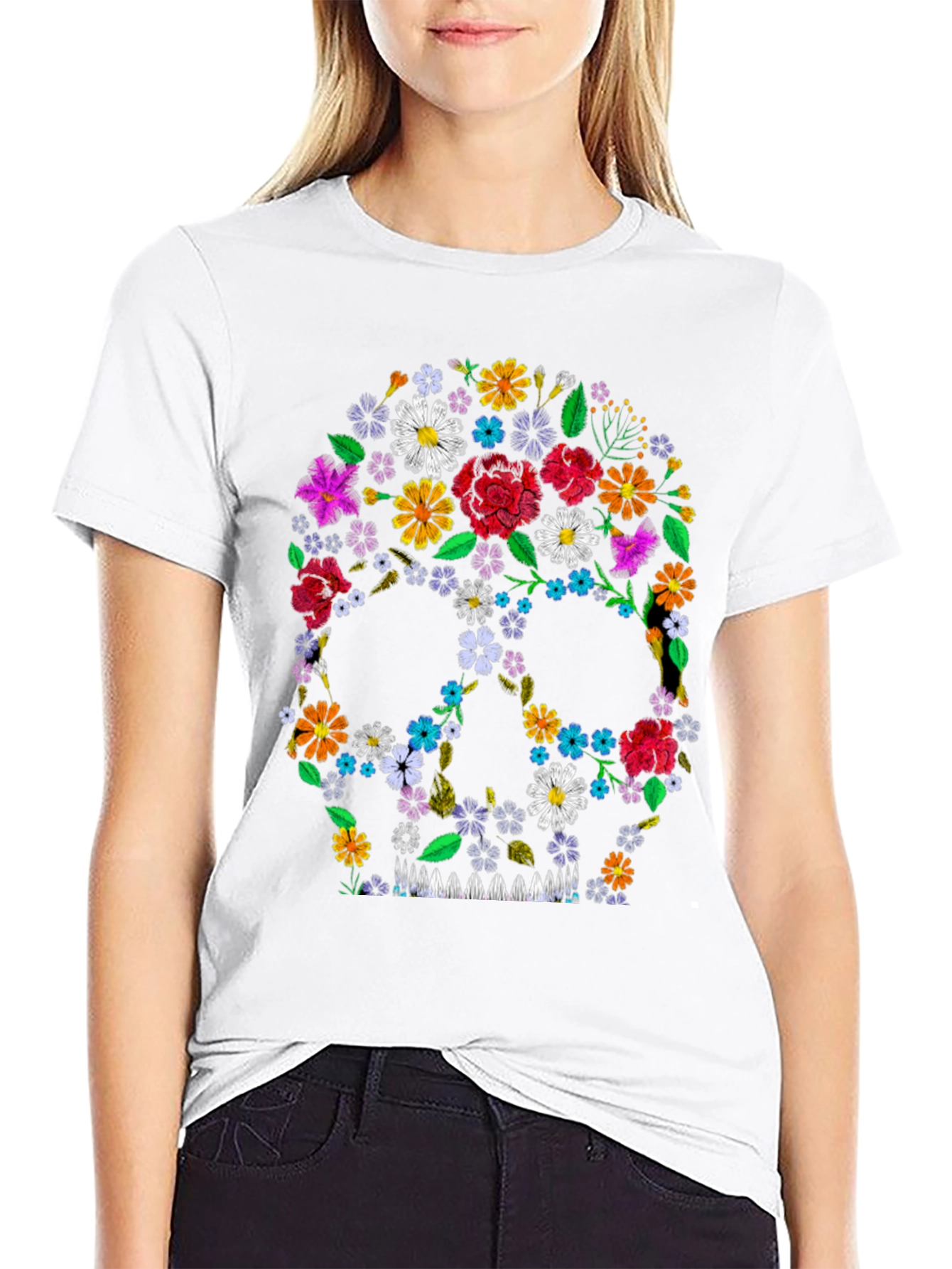 Black Floral Skull Graphic Tee - Black view 9