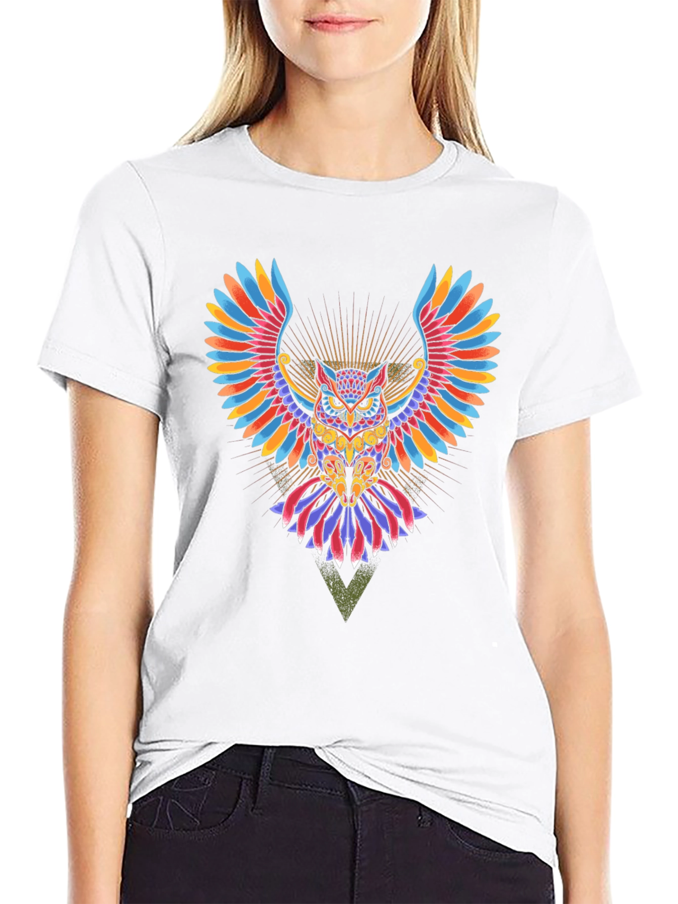 Black Colorful Owl Graphic Print Black T-Shirt view 9