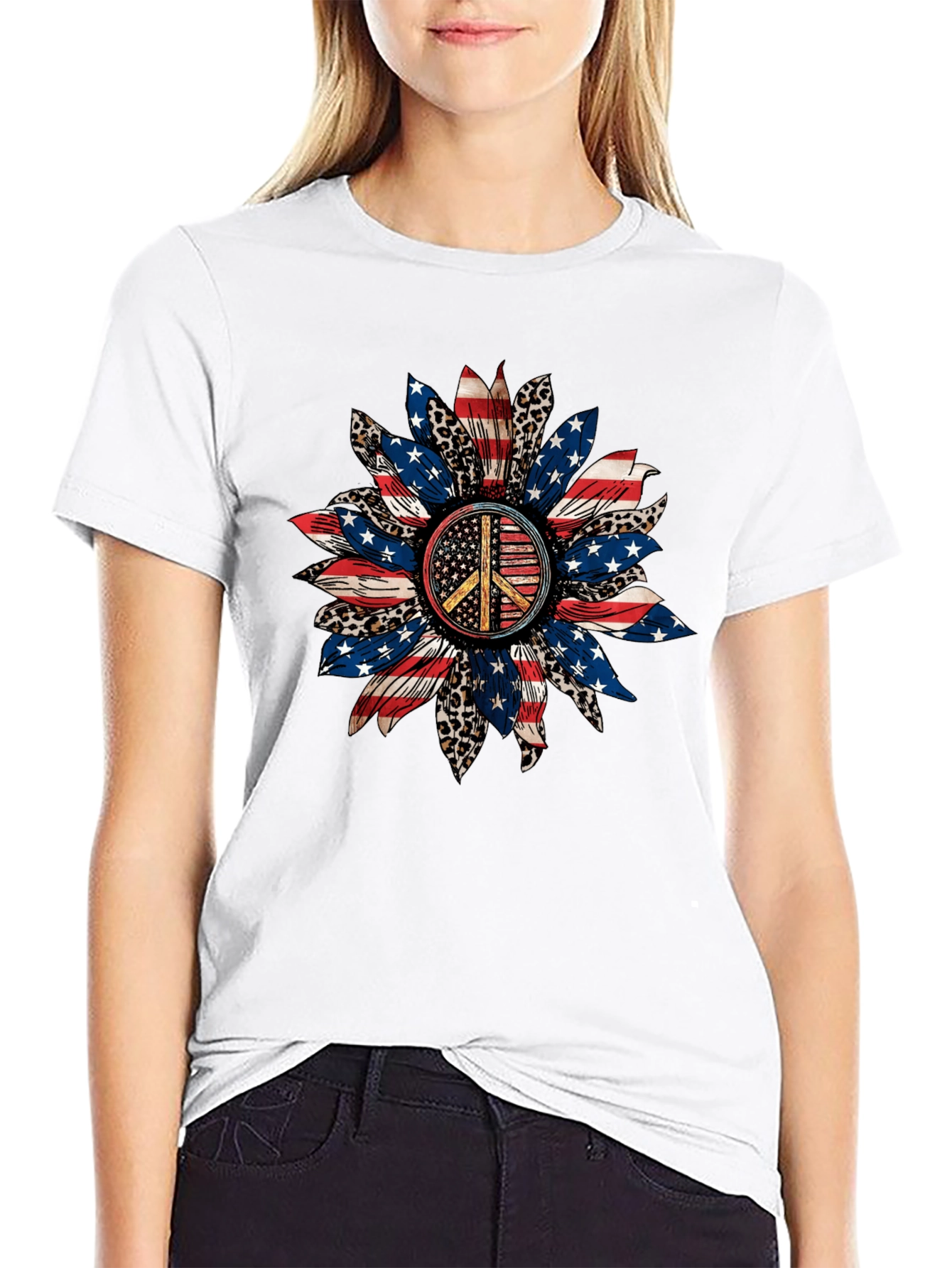 Black Patriotic Peace Sign Sunflower Graphic Tee view 9